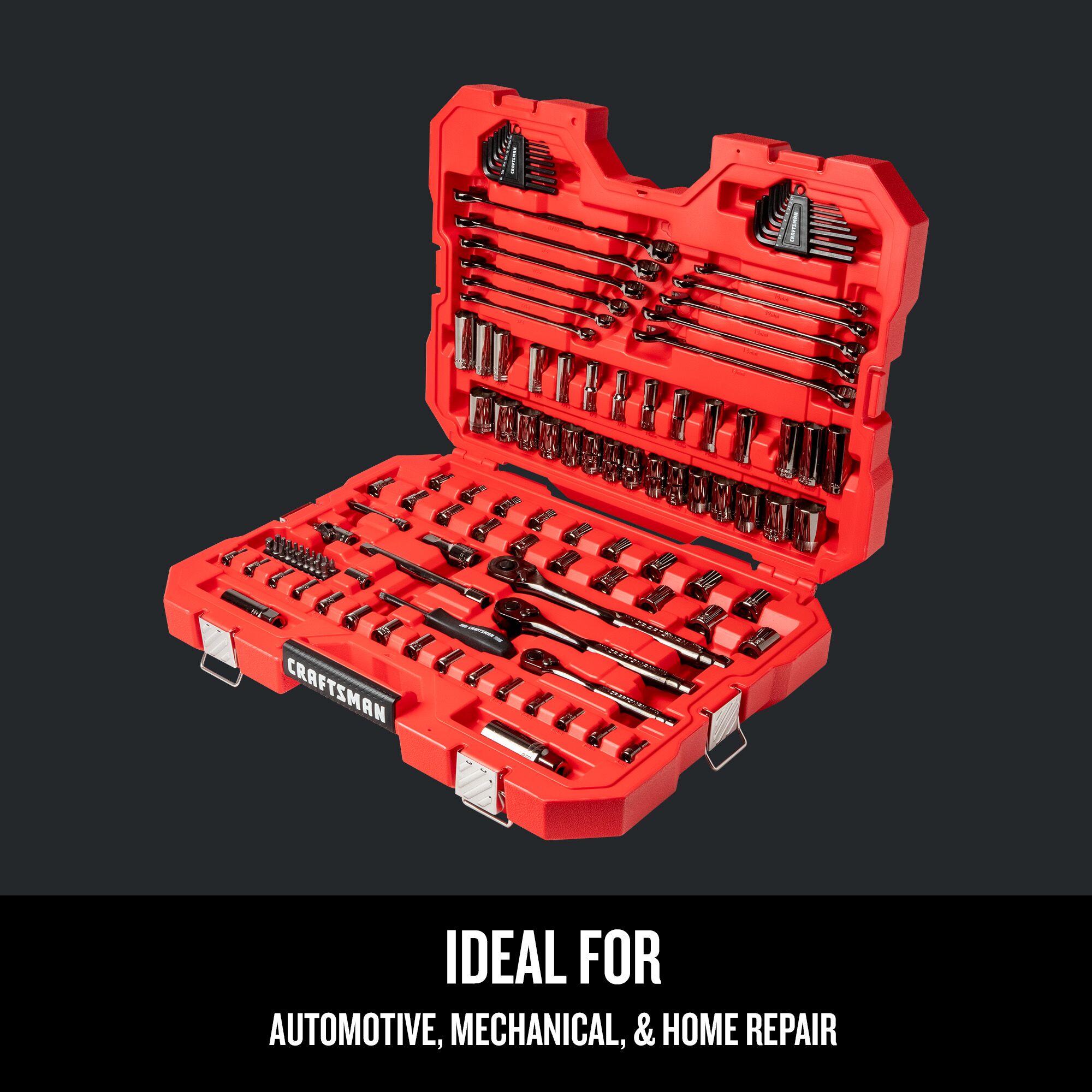 Set de herramientas mecánicas CRAFTSMAN de 121 piezas en cromo gunmetal estándar (SAE) y métricas con estuche resistente.