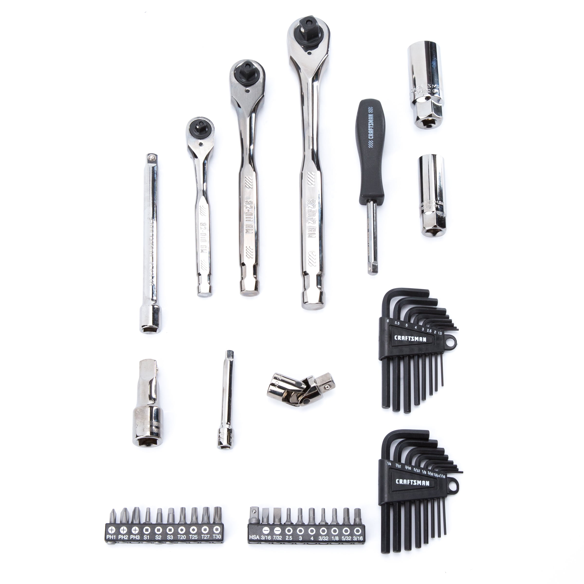 Set de herramientas mecánicas CRAFTSMAN de 121 piezas en cromo gunmetal estándar (SAE) y métricas con estuche resistente.