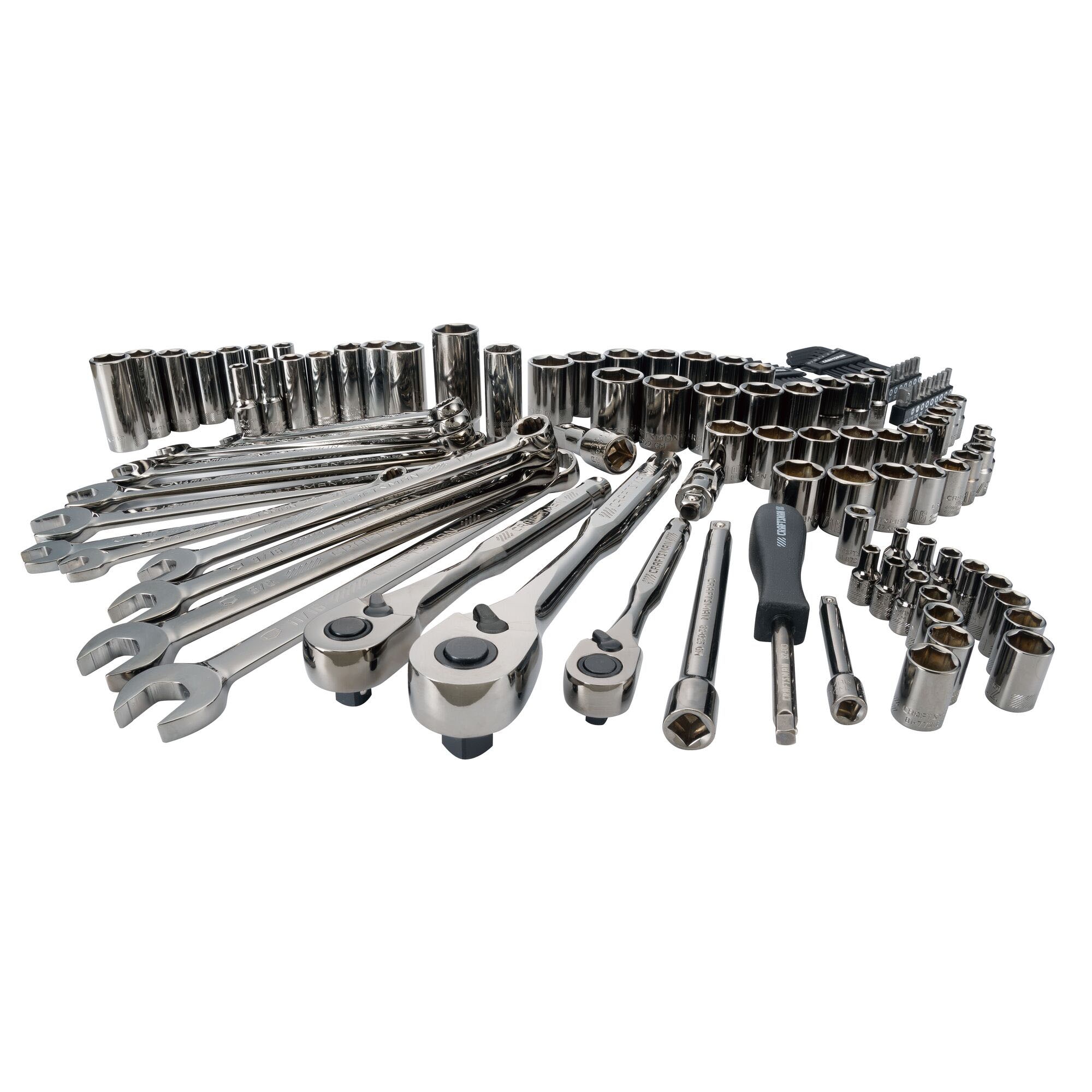 Set de herramientas mecánicas CRAFTSMAN de 121 piezas en cromo gunmetal estándar (SAE) y métricas con estuche resistente.