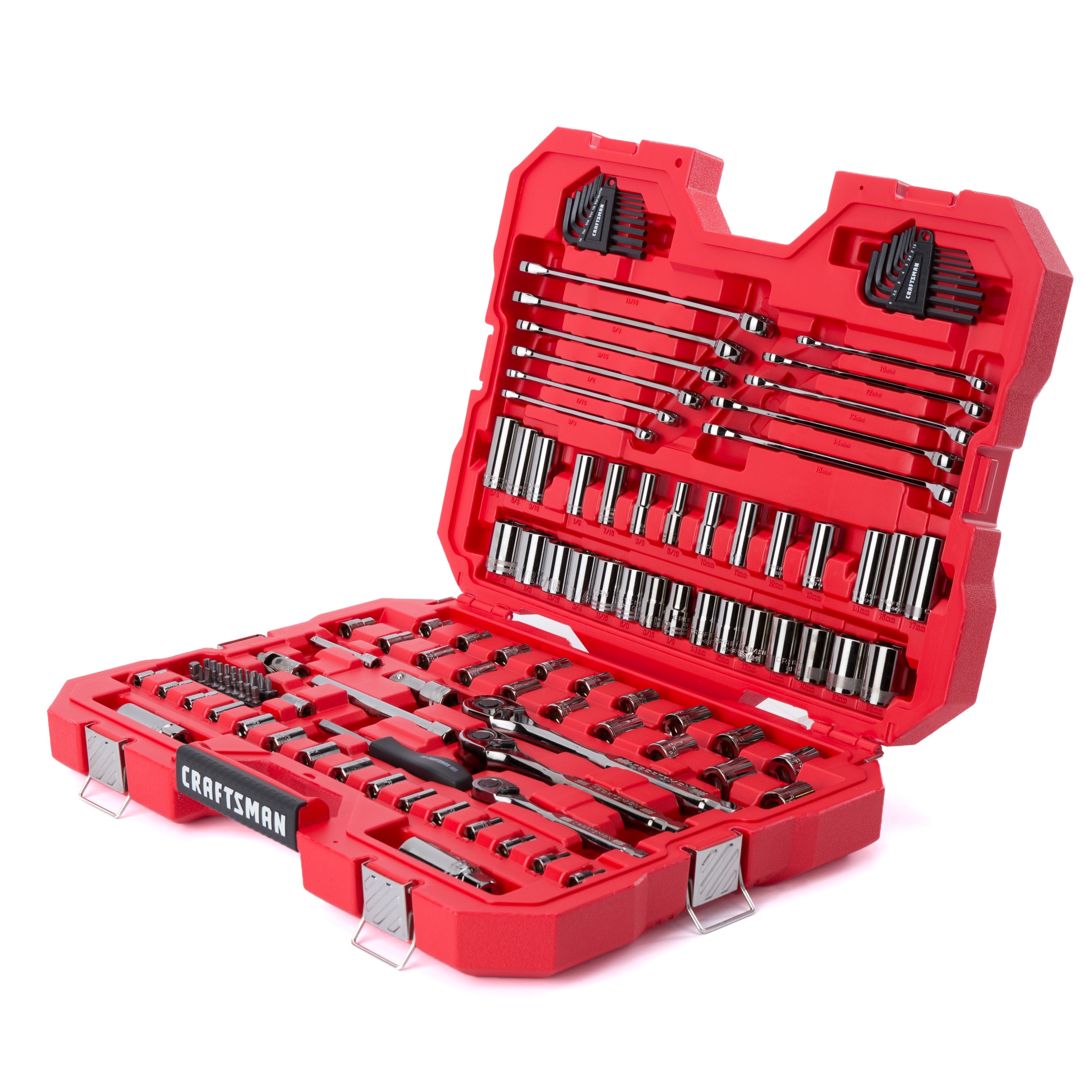 Set de herramientas mecánicas CRAFTSMAN de 121 piezas en cromo gunmetal estándar (SAE) y métricas con estuche resistente.