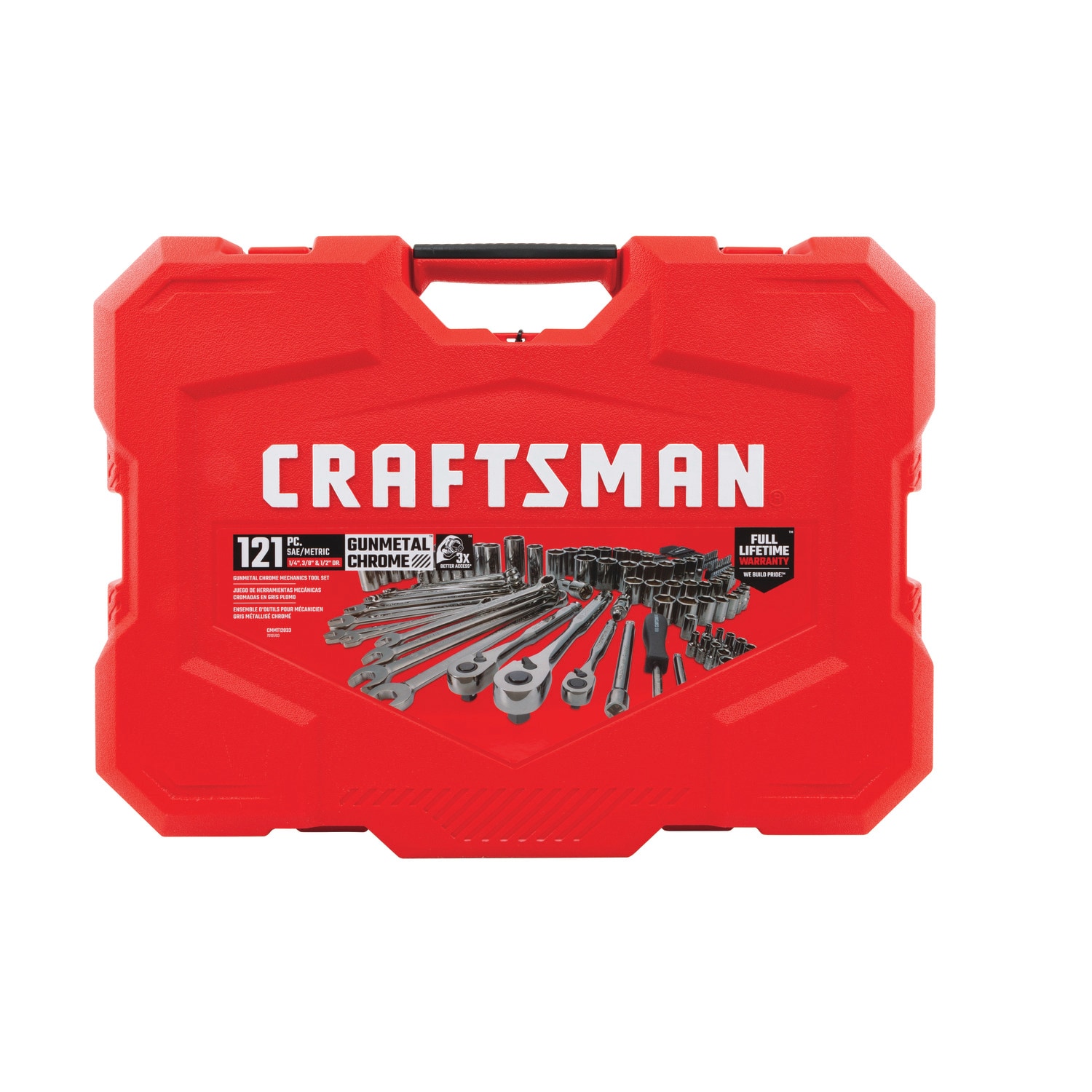 Set de herramientas mecánicas CRAFTSMAN de 121 piezas en cromo gunmetal estándar (SAE) y métricas con estuche resistente.