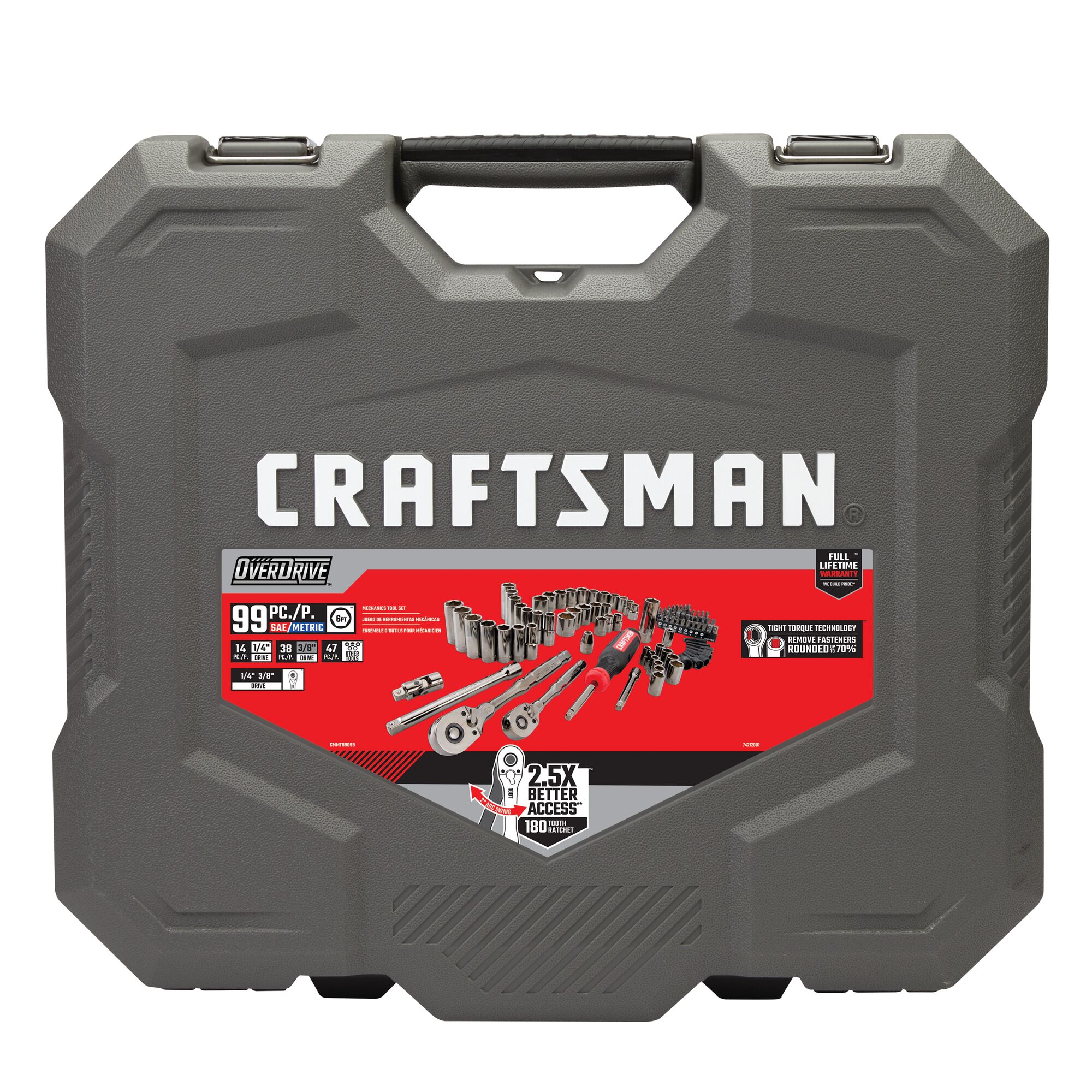 Juego de herramientas para mecánicos con estuche resistente: CRAFTSMAN OVERDRIVE de 99 piezas estándar (SAE) y métricas en cromo cañón con acabado en color bronce.
