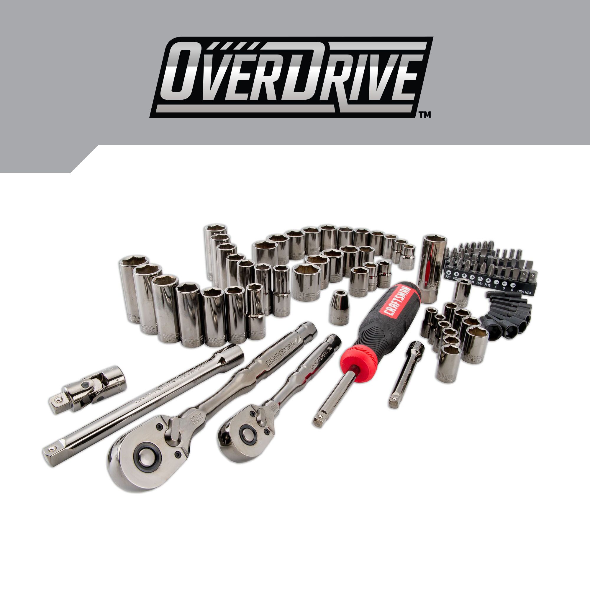 Juego de herramientas para mecánicos con estuche resistente: CRAFTSMAN OVERDRIVE de 99 piezas estándar (SAE) y métricas en cromo cañón con acabado en color bronce.
