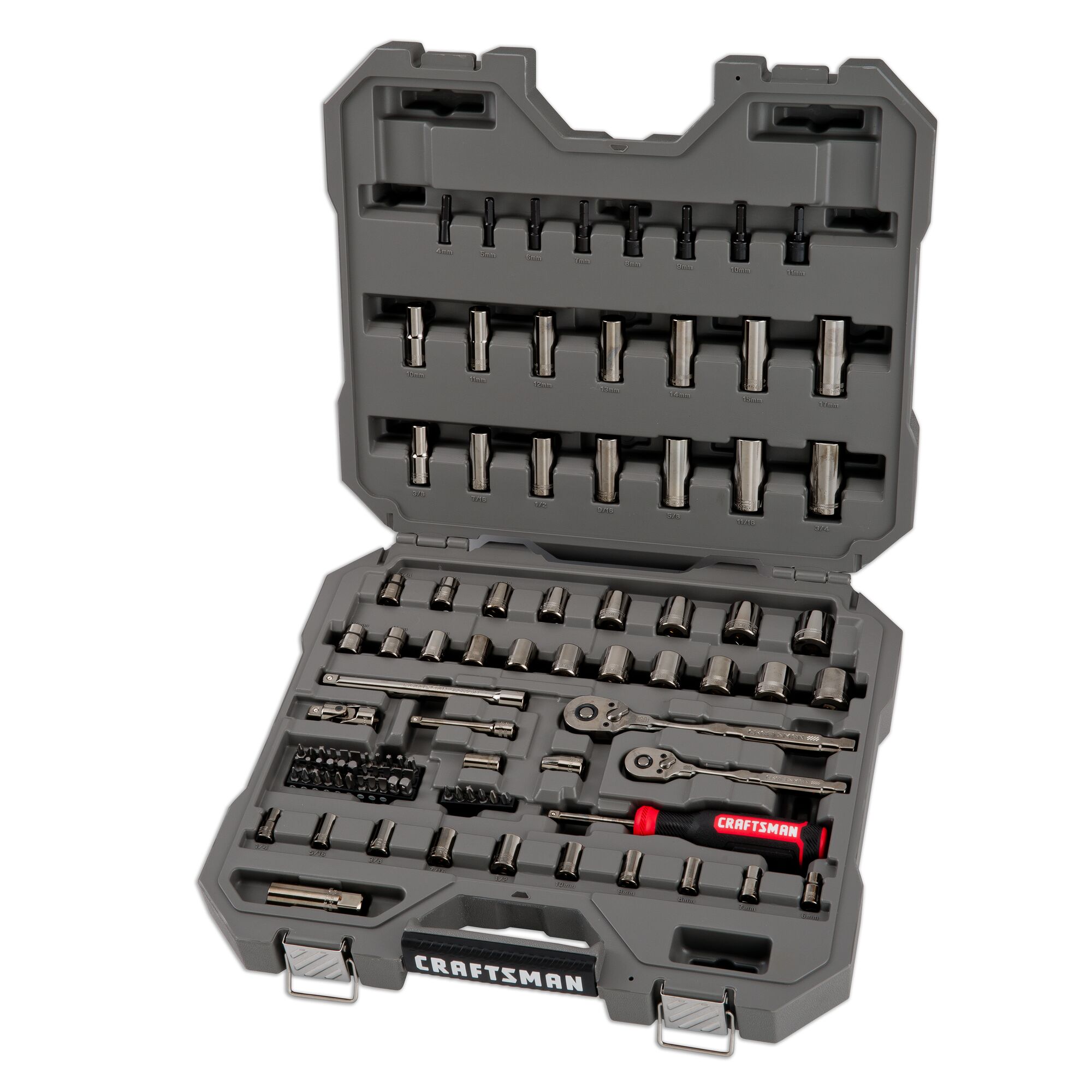 Juego de herramientas para mecánicos con estuche resistente: CRAFTSMAN OVERDRIVE de 99 piezas estándar (SAE) y métricas en cromo cañón con acabado en color bronce.