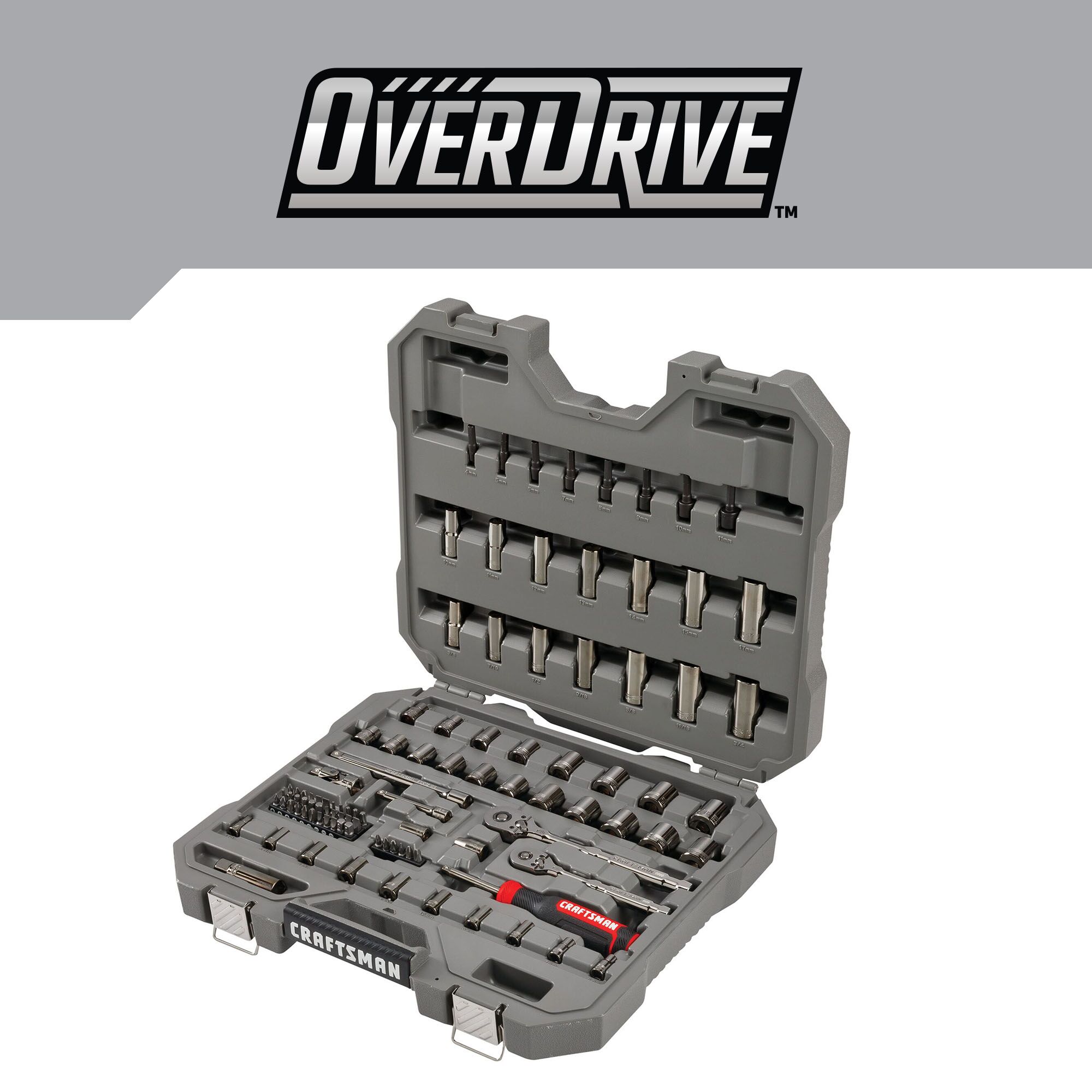 Juego de herramientas para mecánicos con estuche resistente: CRAFTSMAN OVERDRIVE de 99 piezas estándar (SAE) y métricas en cromo cañón con acabado en color bronce.