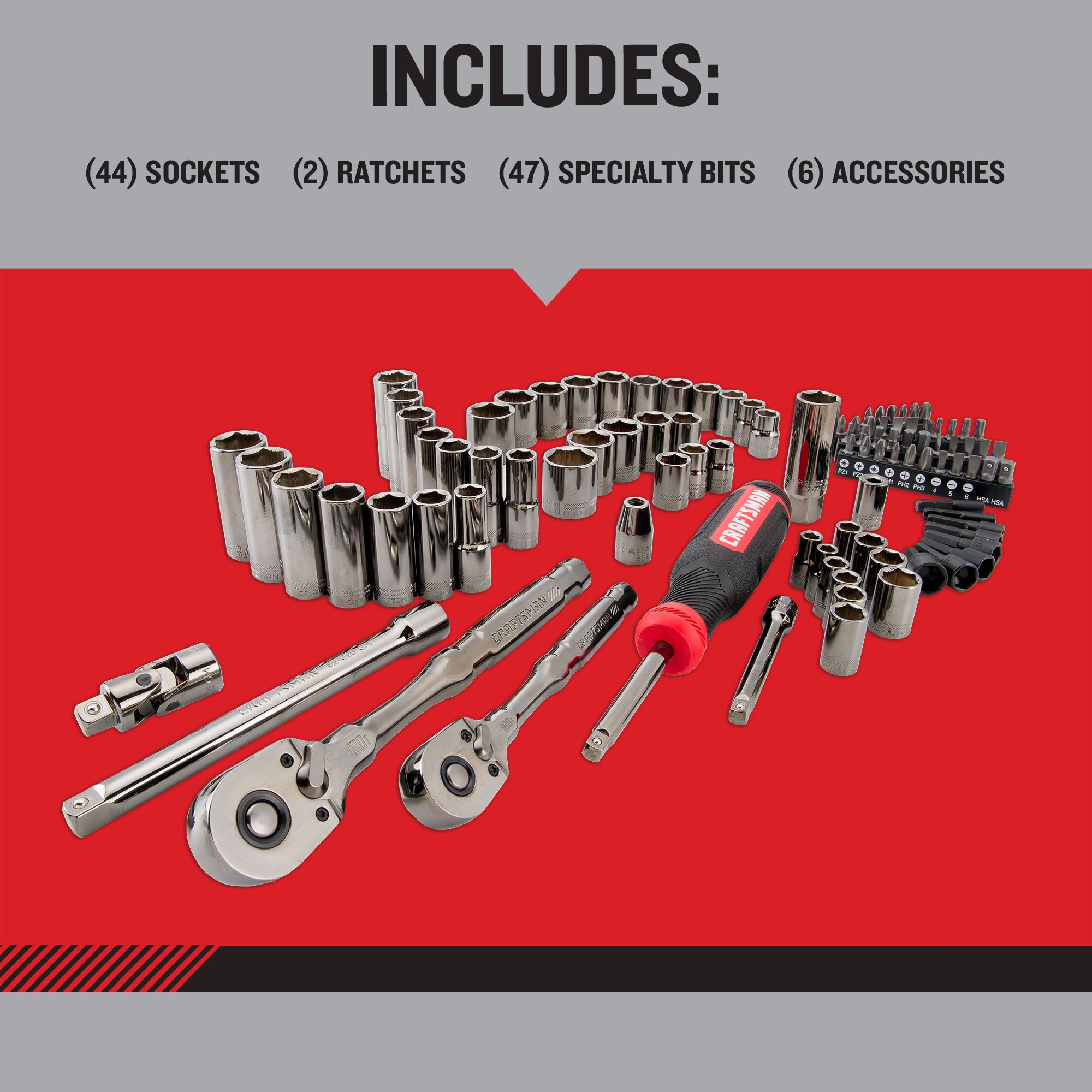 Juego de herramientas para mecánicos con estuche resistente: CRAFTSMAN OVERDRIVE de 99 piezas estándar (SAE) y métricas en cromo cañón con acabado en color bronce.
