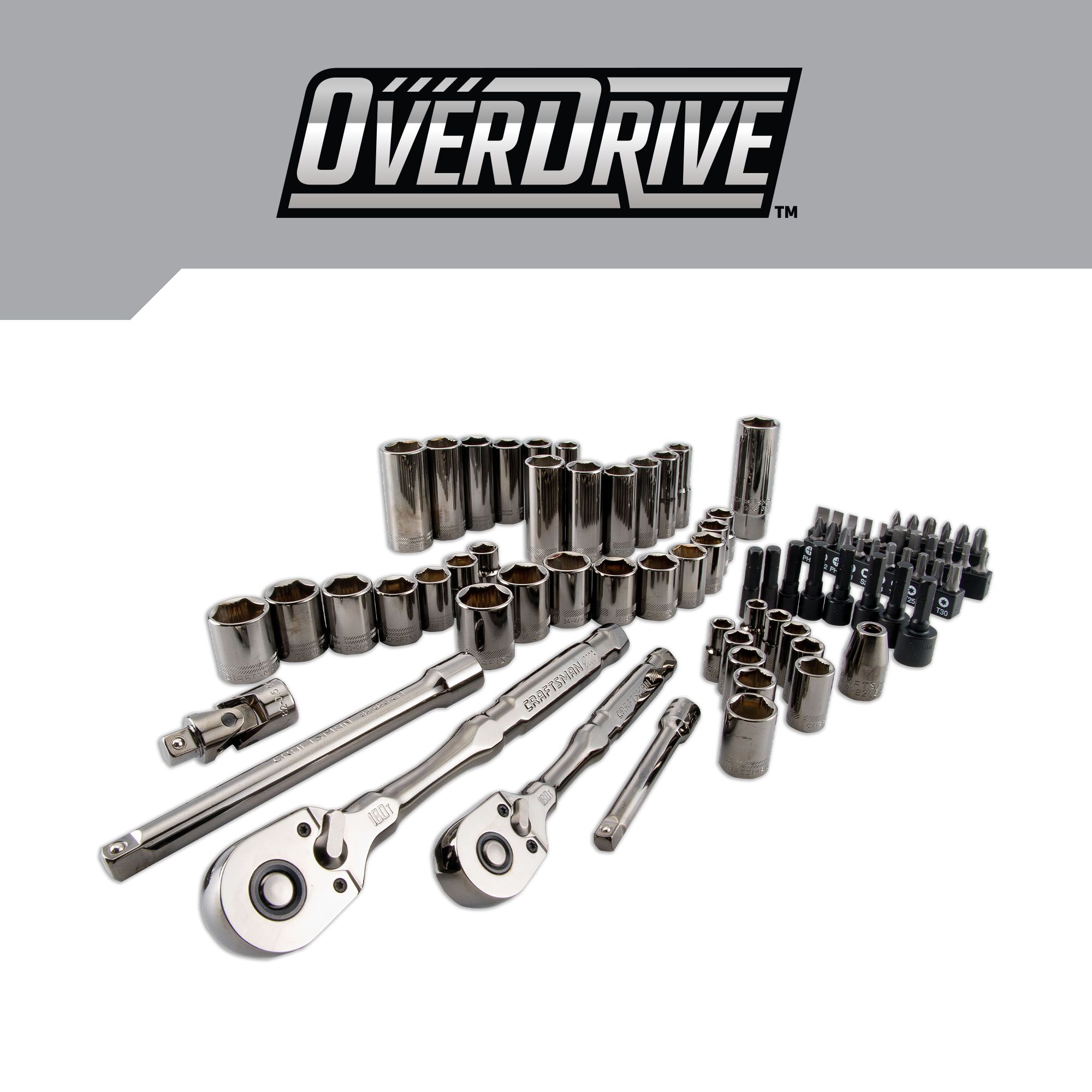 Juego de herramientas mecánicas CRAFTSMAN OVERDRIVE de 80 piezas en cromo Gunmetal estándar (SAE) y métrico con estuche rígido.