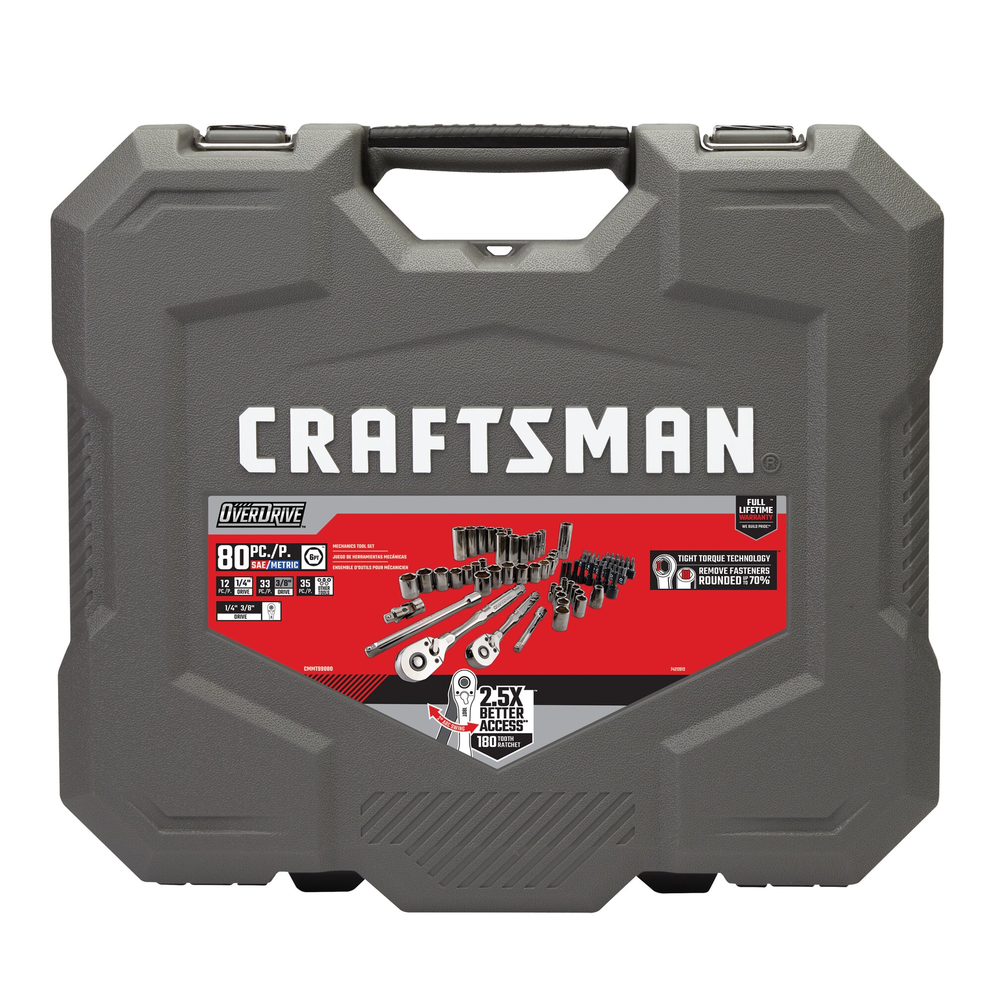 Juego de herramientas mecánicas CRAFTSMAN OVERDRIVE de 80 piezas en cromo Gunmetal estándar (SAE) y métrico con estuche rígido.