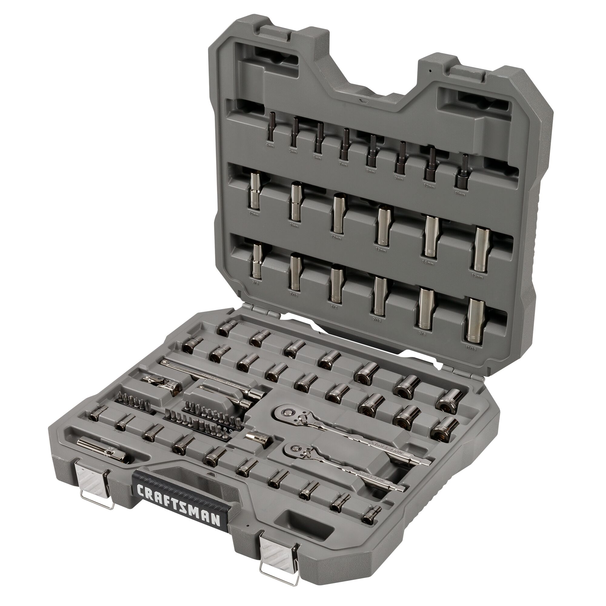 Juego de herramientas mecánicas CRAFTSMAN OVERDRIVE de 80 piezas en cromo Gunmetal estándar (SAE) y métrico con estuche rígido.