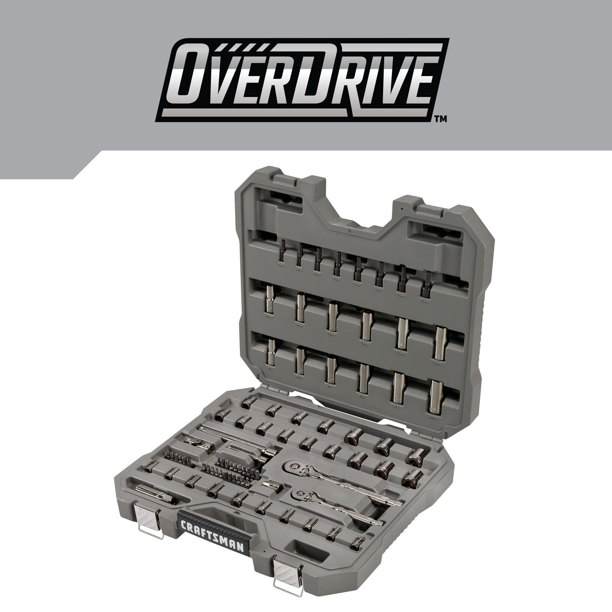 Juego de herramientas mecánicas CRAFTSMAN OVERDRIVE de 80 piezas en cromo Gunmetal estándar (SAE) y métrico con estuche rígido.