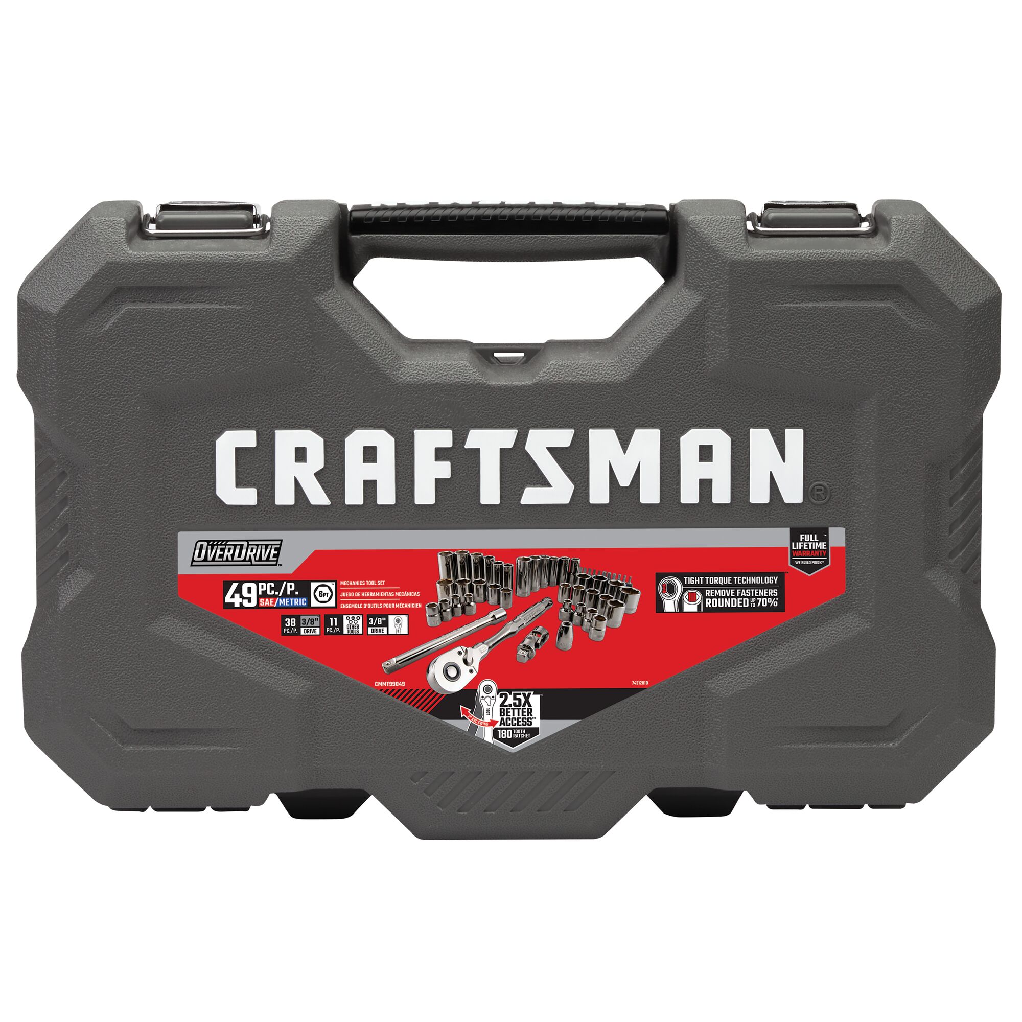 Set de herramientas mecánicas con acabado cromado gris metálico de 49 piezas estándar (SAE) y métricas con caja resistente - CRAFTSMAN OVERDRIVE CMMT99049L