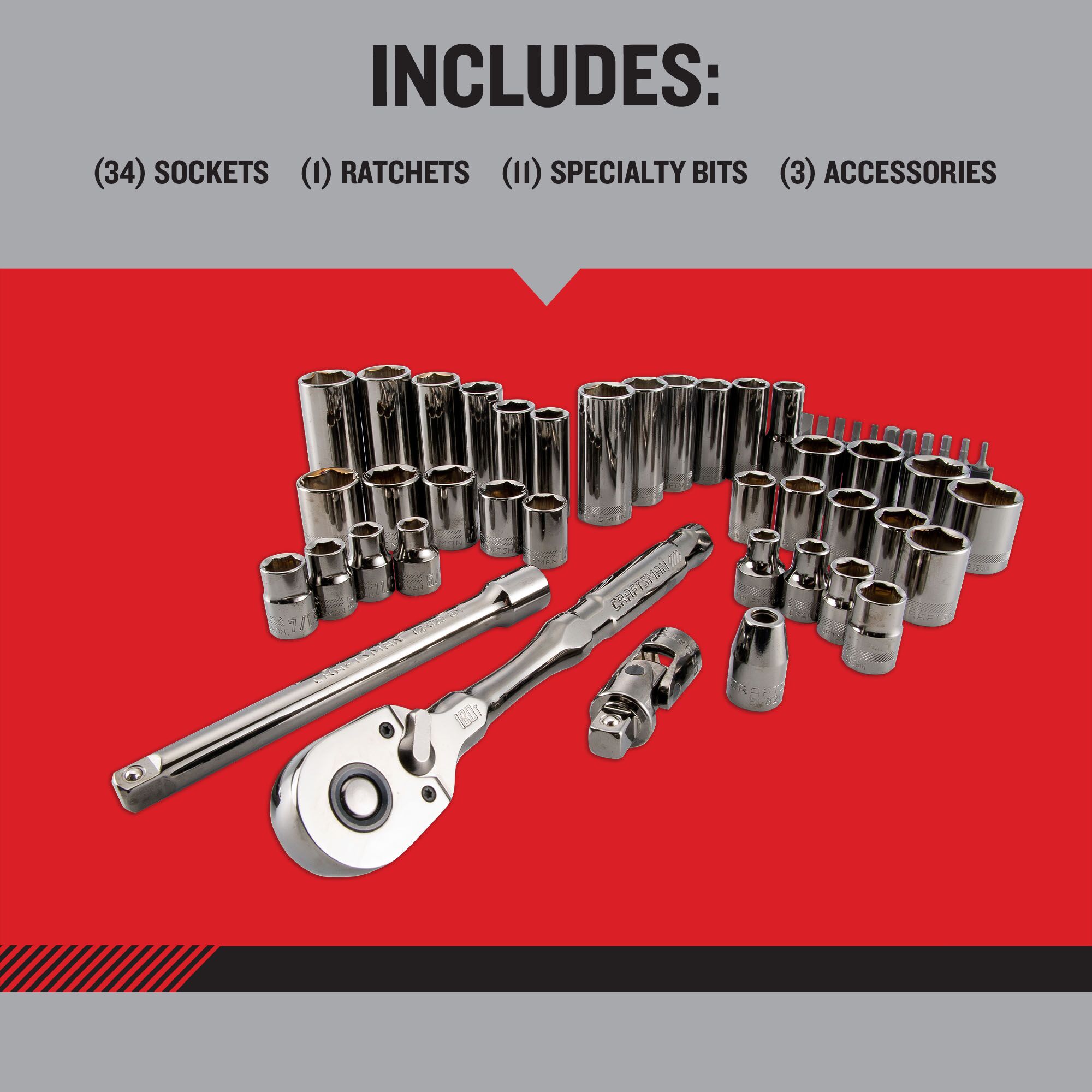 Set de herramientas mecánicas con acabado cromado gris metálico de 49 piezas estándar (SAE) y métricas con caja resistente - CRAFTSMAN OVERDRIVE CMMT99049L