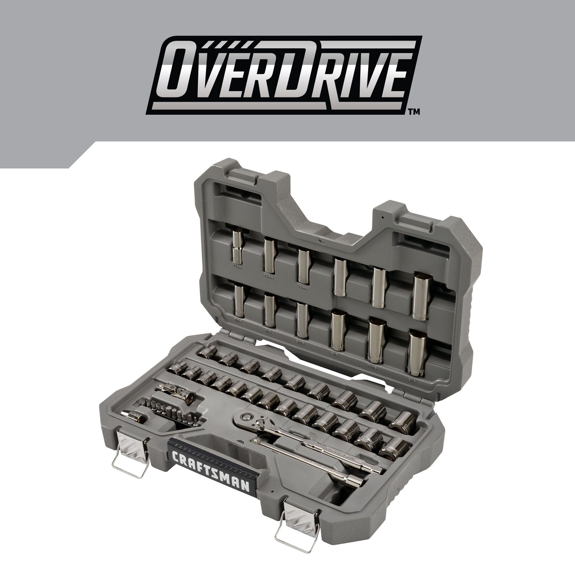 Set de herramientas mecánicas con acabado cromado gris metálico de 49 piezas estándar (SAE) y métricas con caja resistente - CRAFTSMAN OVERDRIVE CMMT99049L