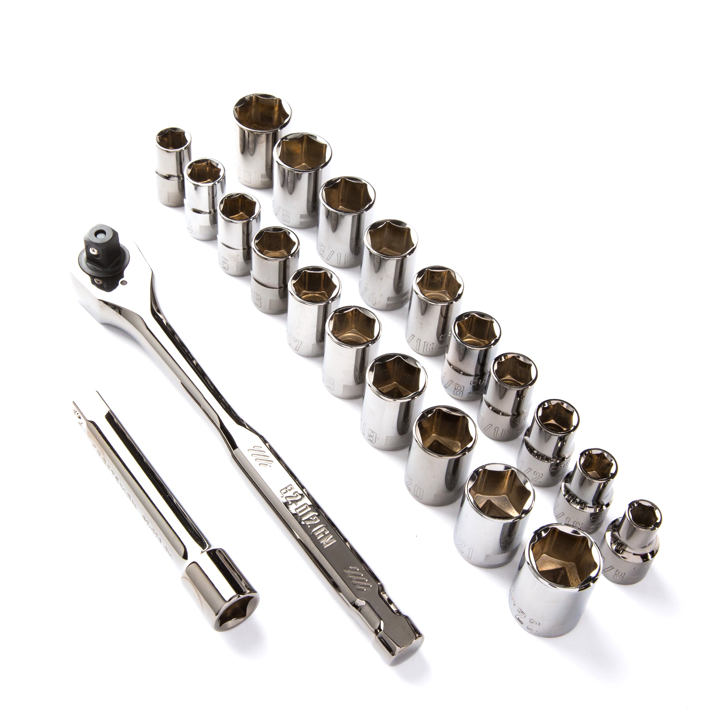 Juego de herramientas de mecánico de 22 piezas estándar (SAE) y métricas en cromo gris metálico con estuche resistente