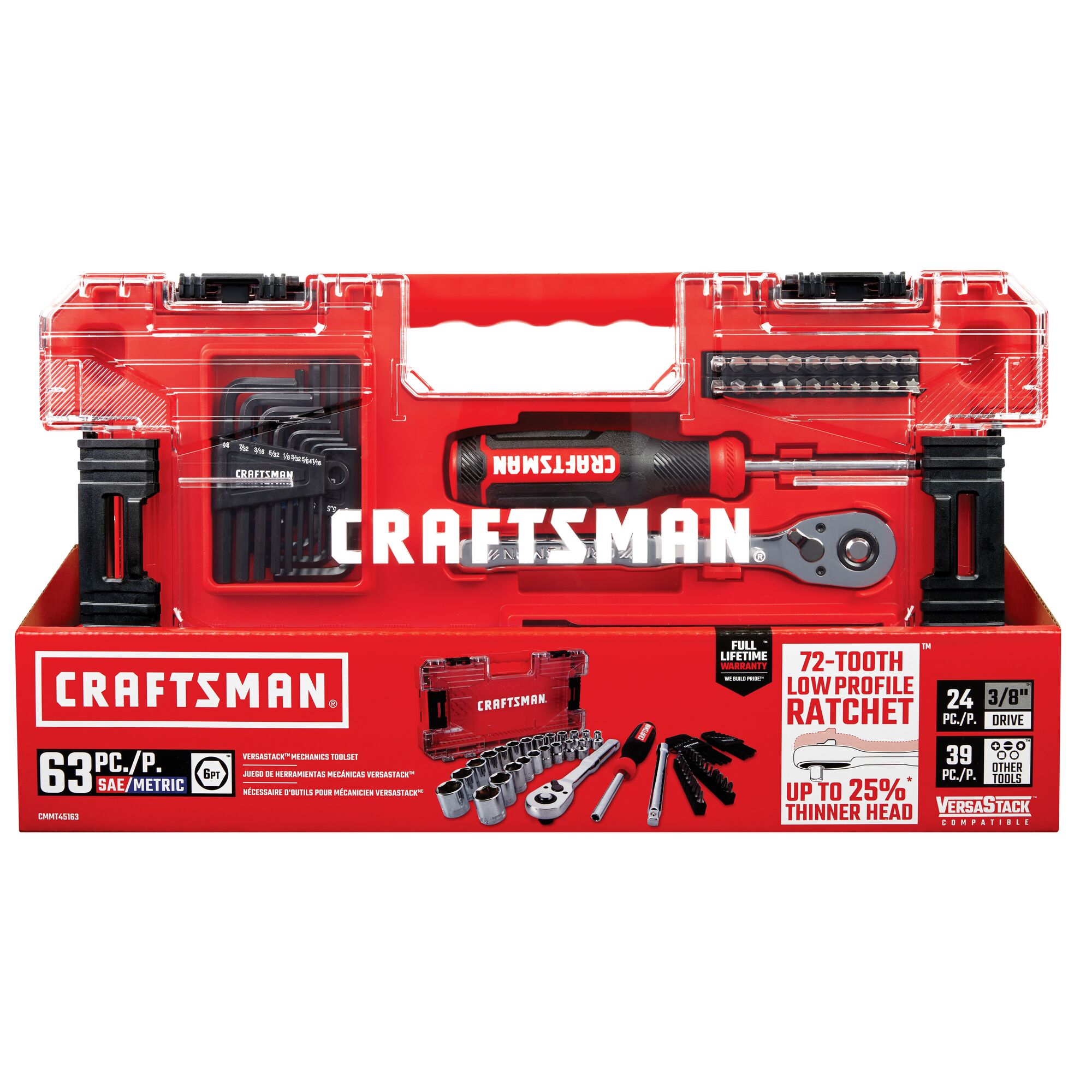 Juego de herramientas mecánicas CRAFTSMAN VERSASTACK de 63 piezas en acabado cromado pulido estándar (SAE) y métrico con estuche rígido - CMMT45163