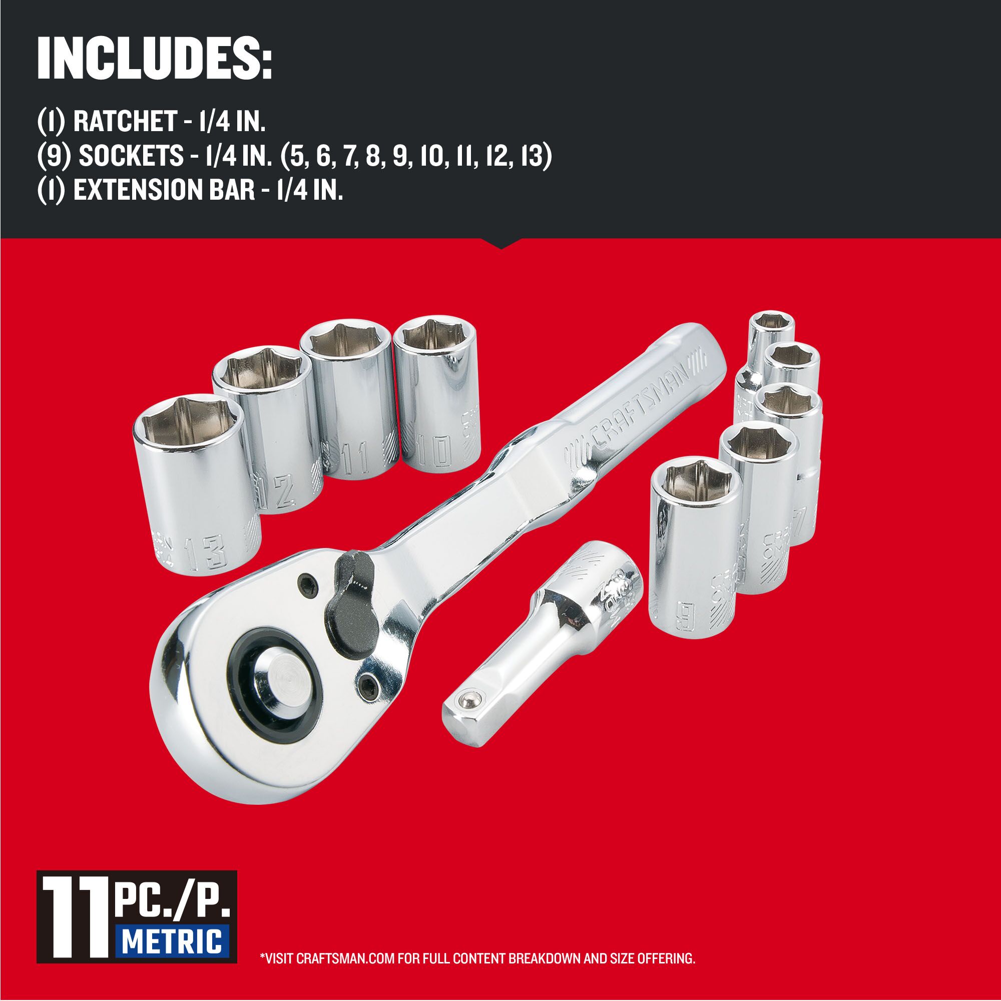 Juego de herramientas mecánicas de 11 piezas en cromo pulido métrico con estuche resistente de CRAFTSMAN CMMT34871
