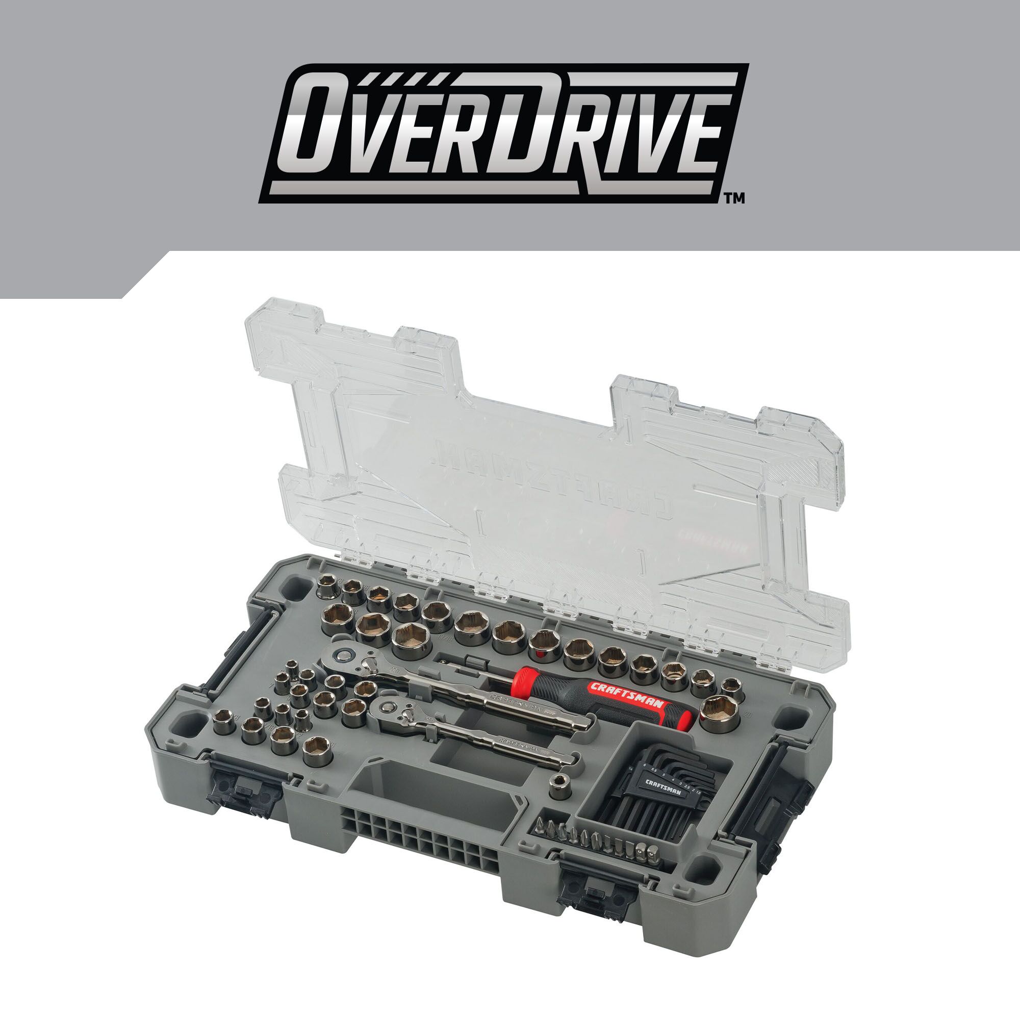 Juego de herramientas mecánicas CRAFTSMAN OVERDRIVE de 64 piezas en cromo mate, estándar (SAE) y métricas, con estuche resistente.