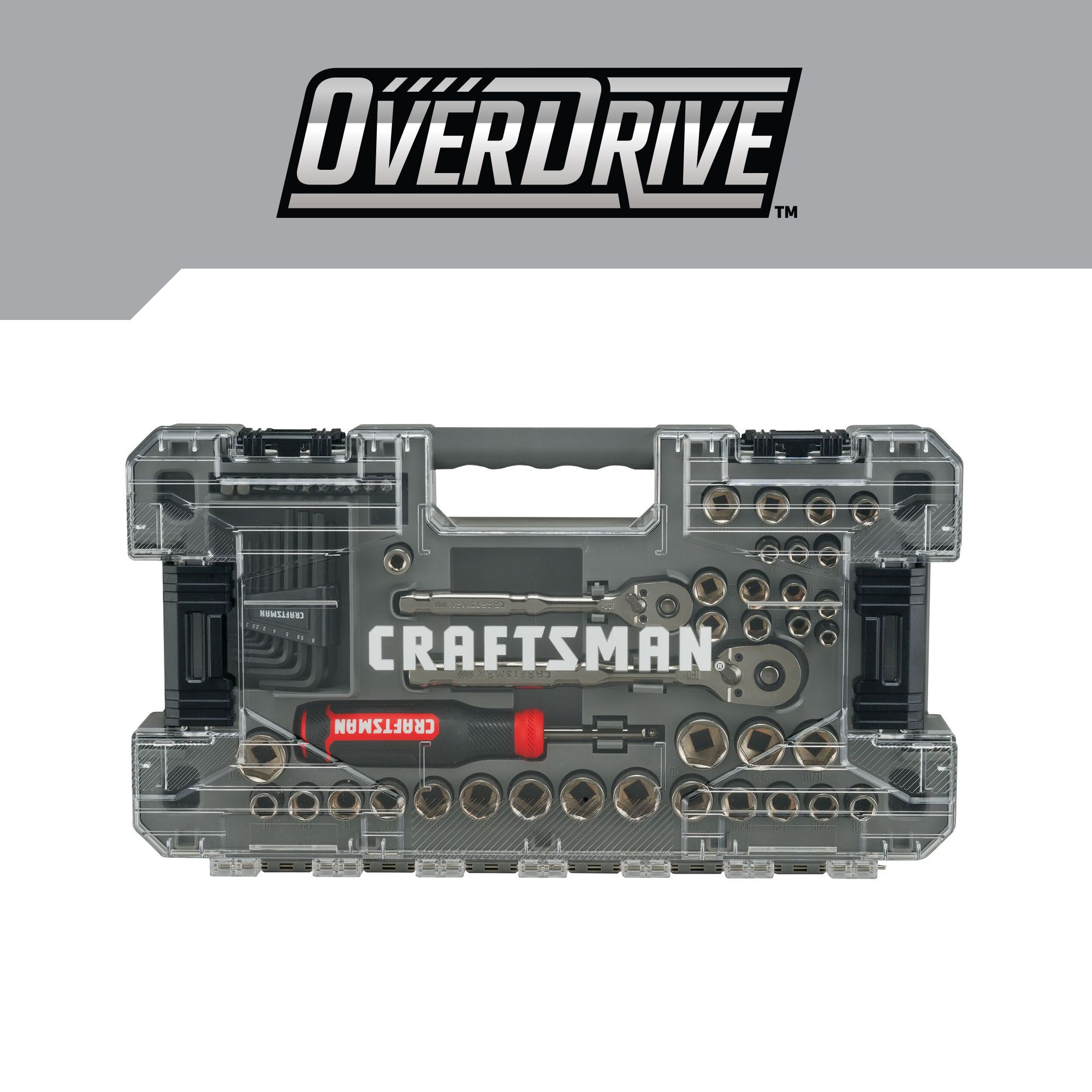 Juego de herramientas mecánicas CRAFTSMAN OVERDRIVE de 64 piezas en cromo mate, estándar (SAE) y métricas, con estuche resistente.