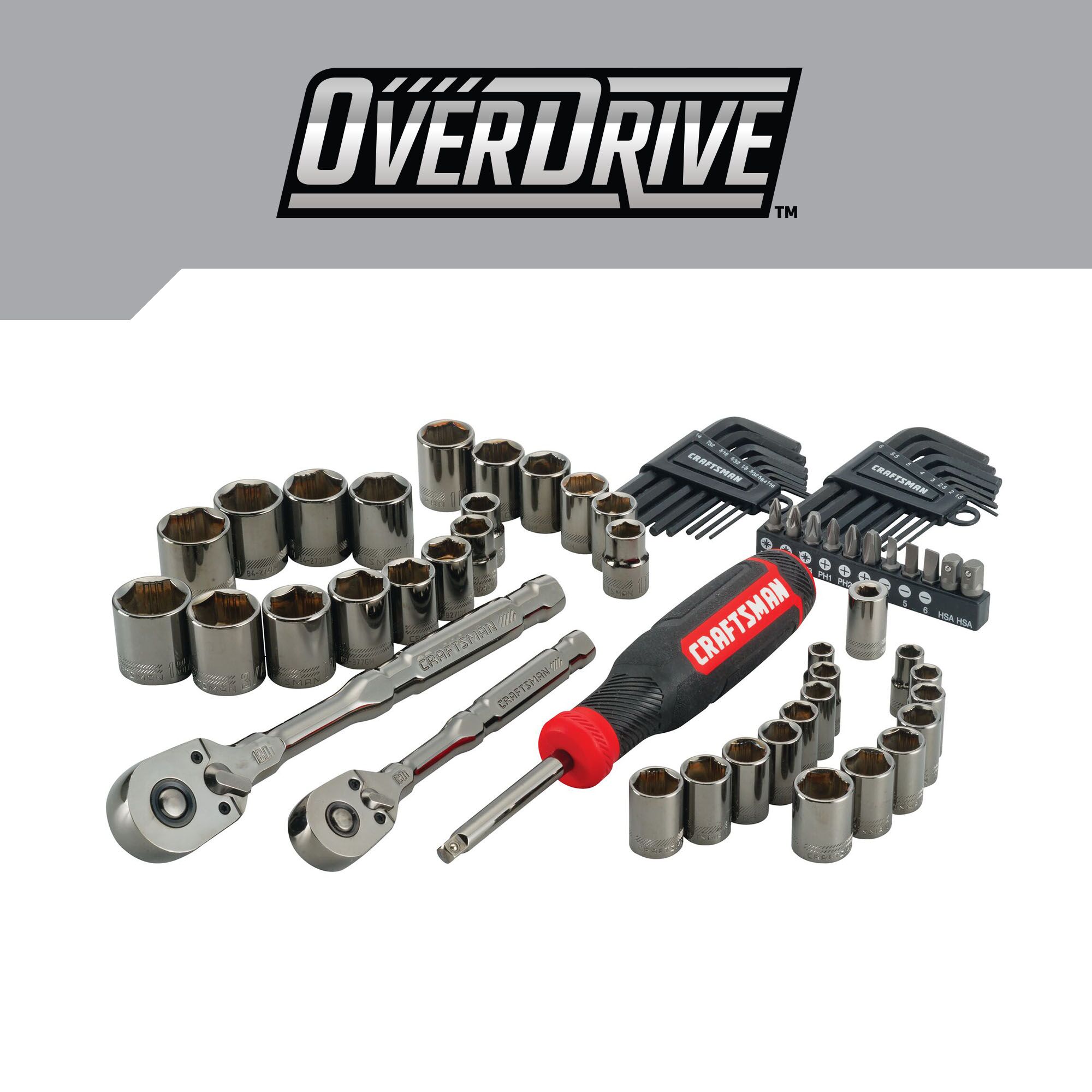 Juego de herramientas mecánicas CRAFTSMAN OVERDRIVE de 64 piezas en cromo mate, estándar (SAE) y métricas, con estuche resistente.