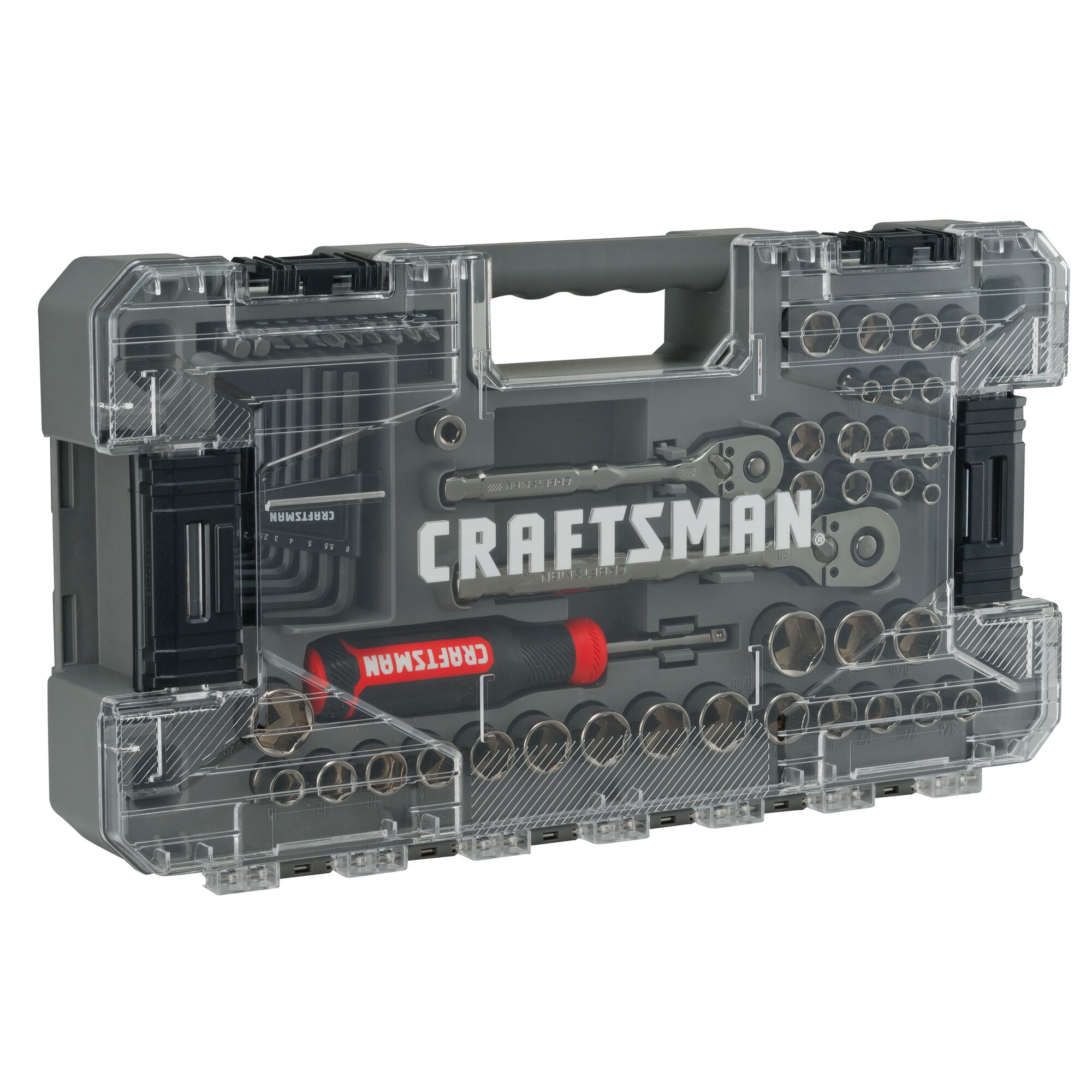Juego de herramientas mecánicas CRAFTSMAN OVERDRIVE de 64 piezas en cromo mate, estándar (SAE) y métricas, con estuche resistente.