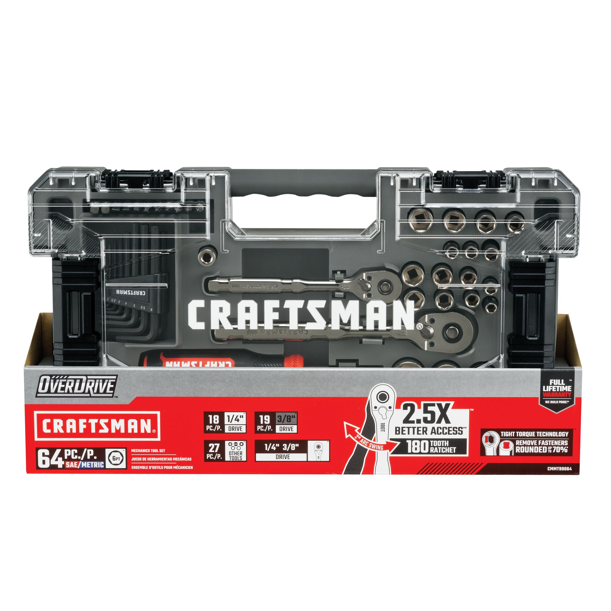 Juego de herramientas mecánicas CRAFTSMAN OVERDRIVE de 64 piezas en cromo mate, estándar (SAE) y métricas, con estuche resistente.