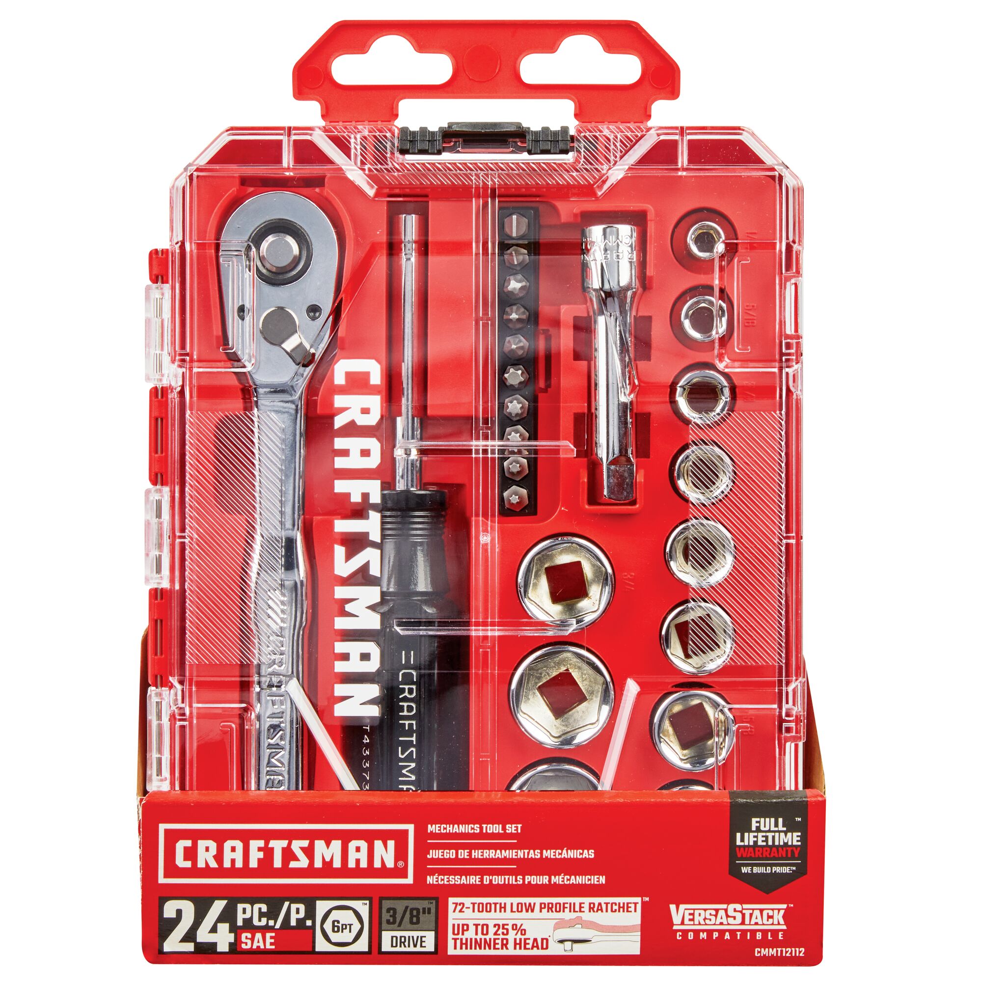Set de herramientas mecánicas VERSASTACK de 24 piezas estándar (SAE) de cromo pulido con maletín rígido CMMT12112