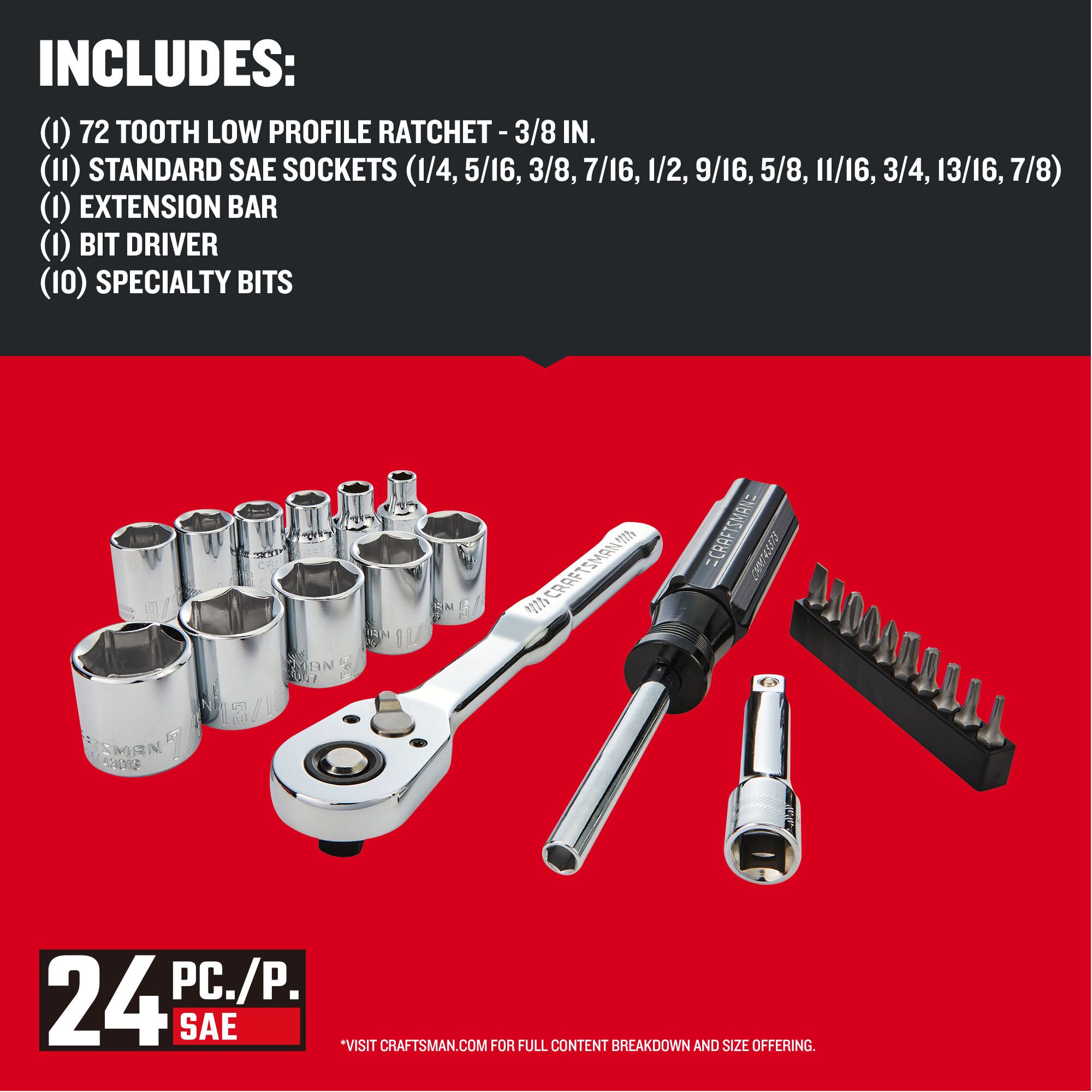 Set de herramientas mecánicas VERSASTACK de 24 piezas estándar (SAE) de cromo pulido con maletín rígido CMMT12112