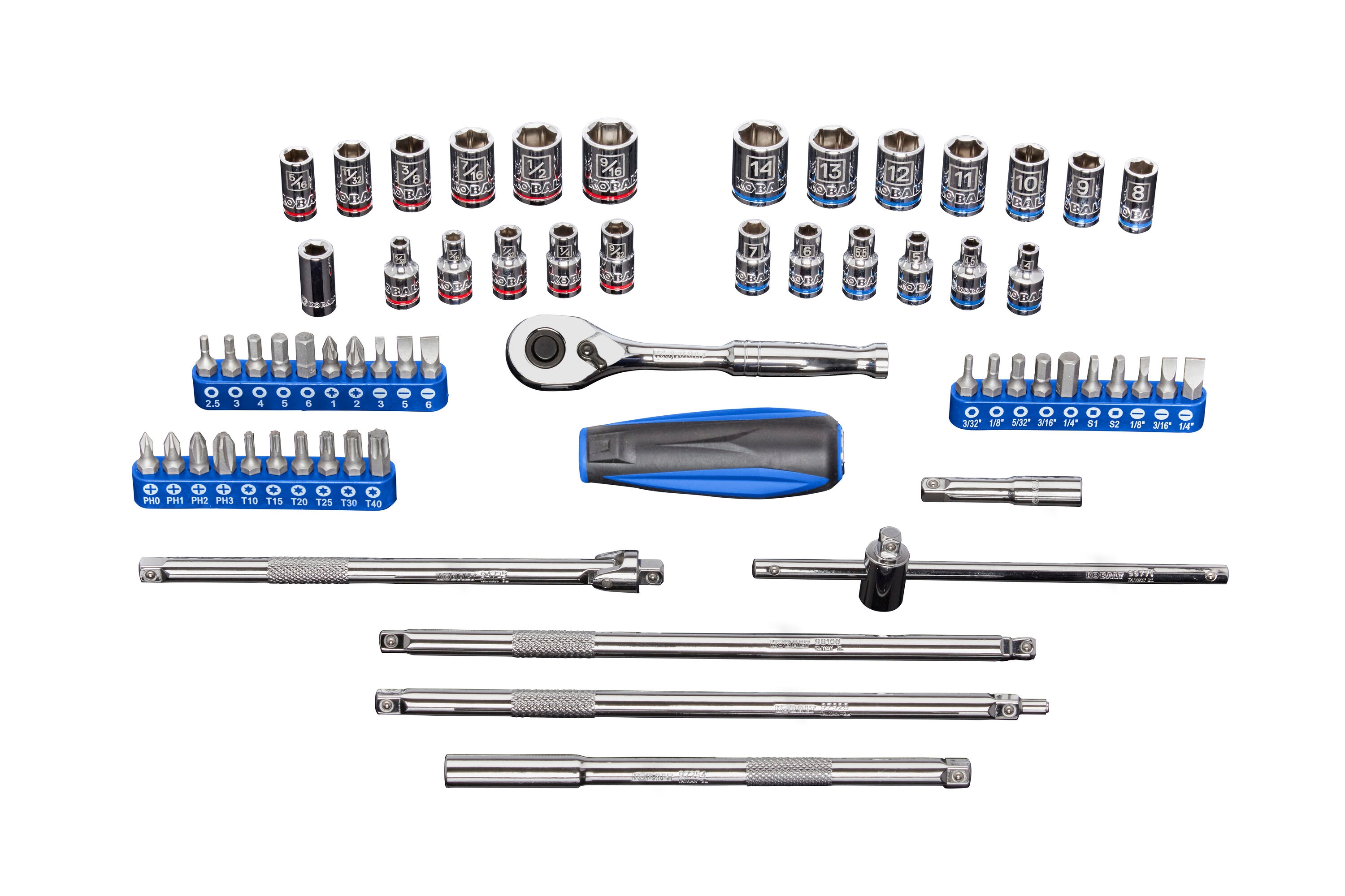 Juego de Herramientas Mecánicas Kobalt con Extensiones Especializadas de 63 Piezas en Estándar (SAE) y Métrico, Cromado Pulido, con Maletín Resistente 86769