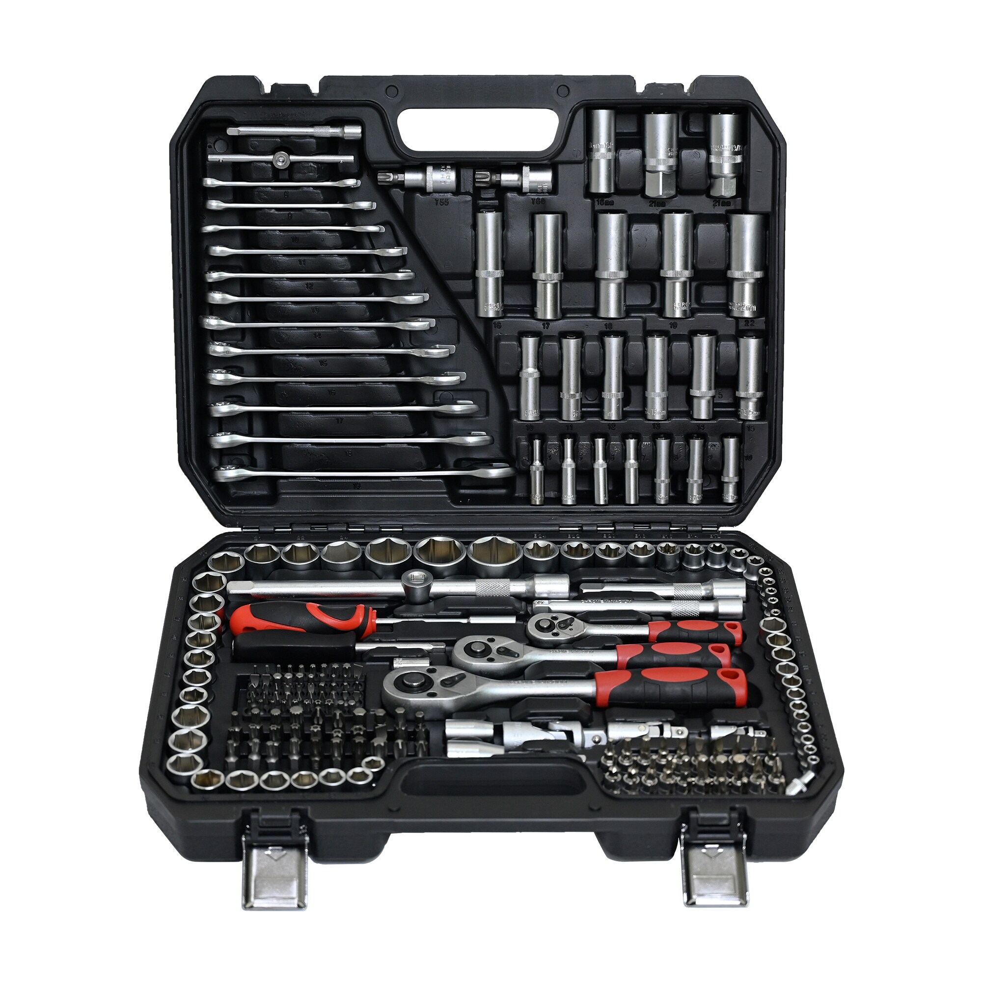 Set de herramientas mecánicas de cromo pulido estándar (SAE) y métrico de 216 piezas con estuche resistente