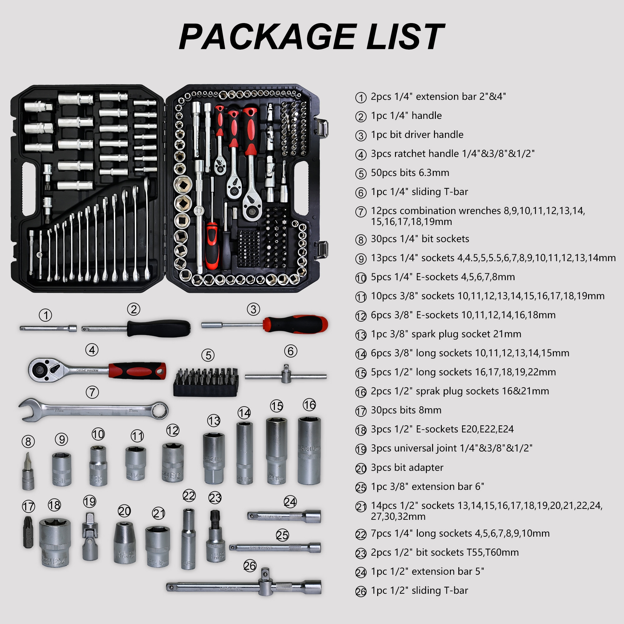 Set de herramientas mecánicas de cromo pulido estándar (SAE) y métrico de 216 piezas con estuche resistente