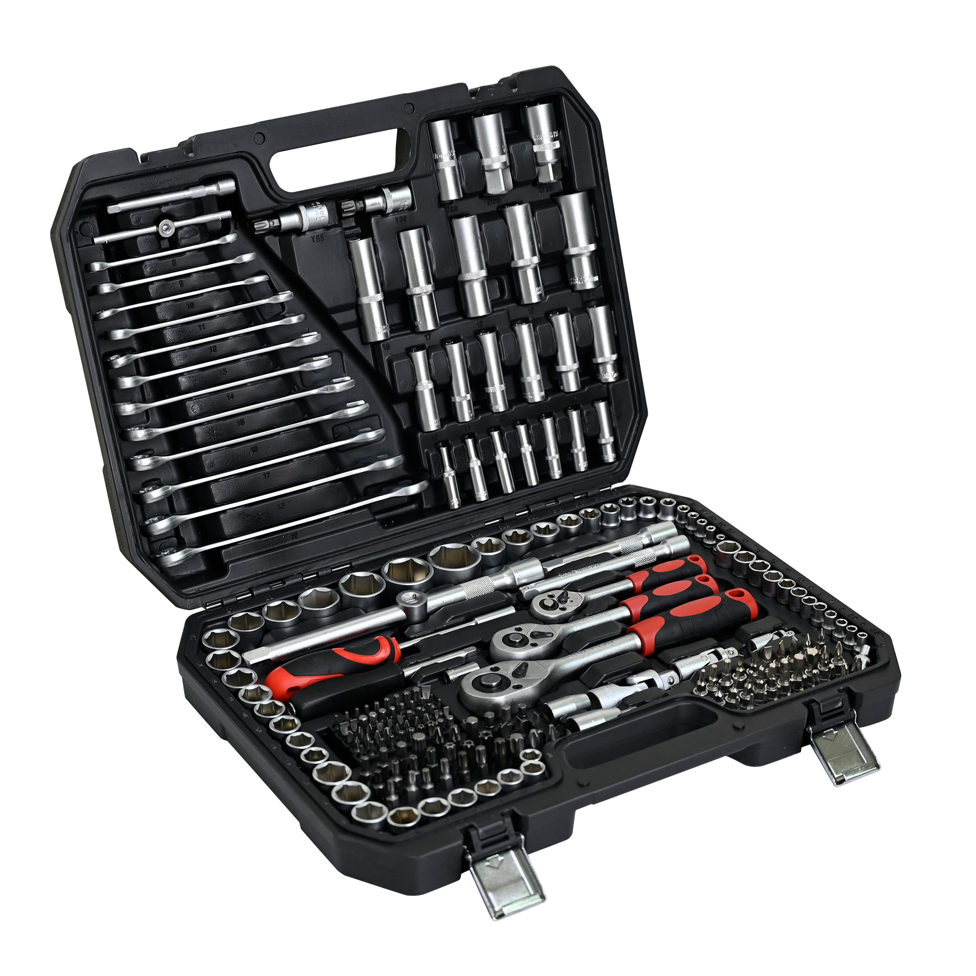 Set de herramientas mecánicas de cromo pulido estándar (SAE) y métrico de 216 piezas con estuche resistente
