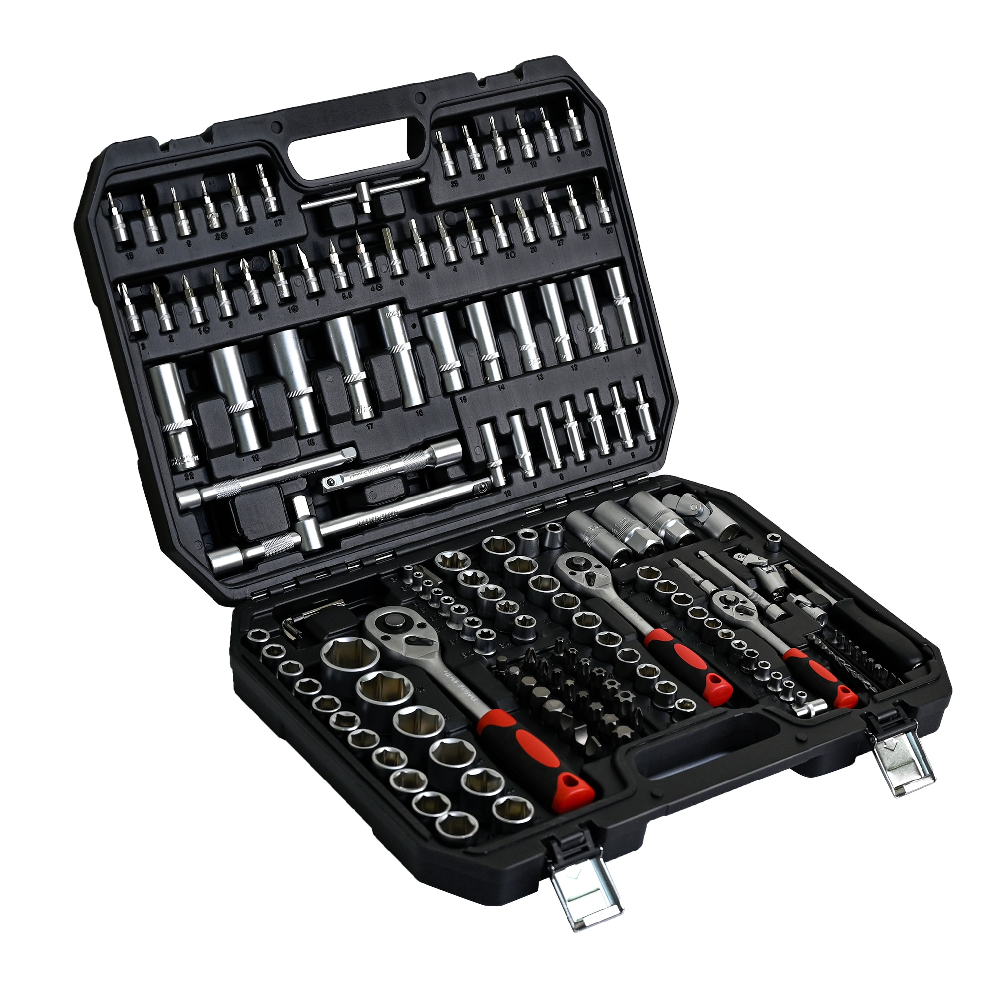 Set de herramientas mecánicas estándar (SAE) y métricas de cromo pulido de 171 piezas con estuche resistente