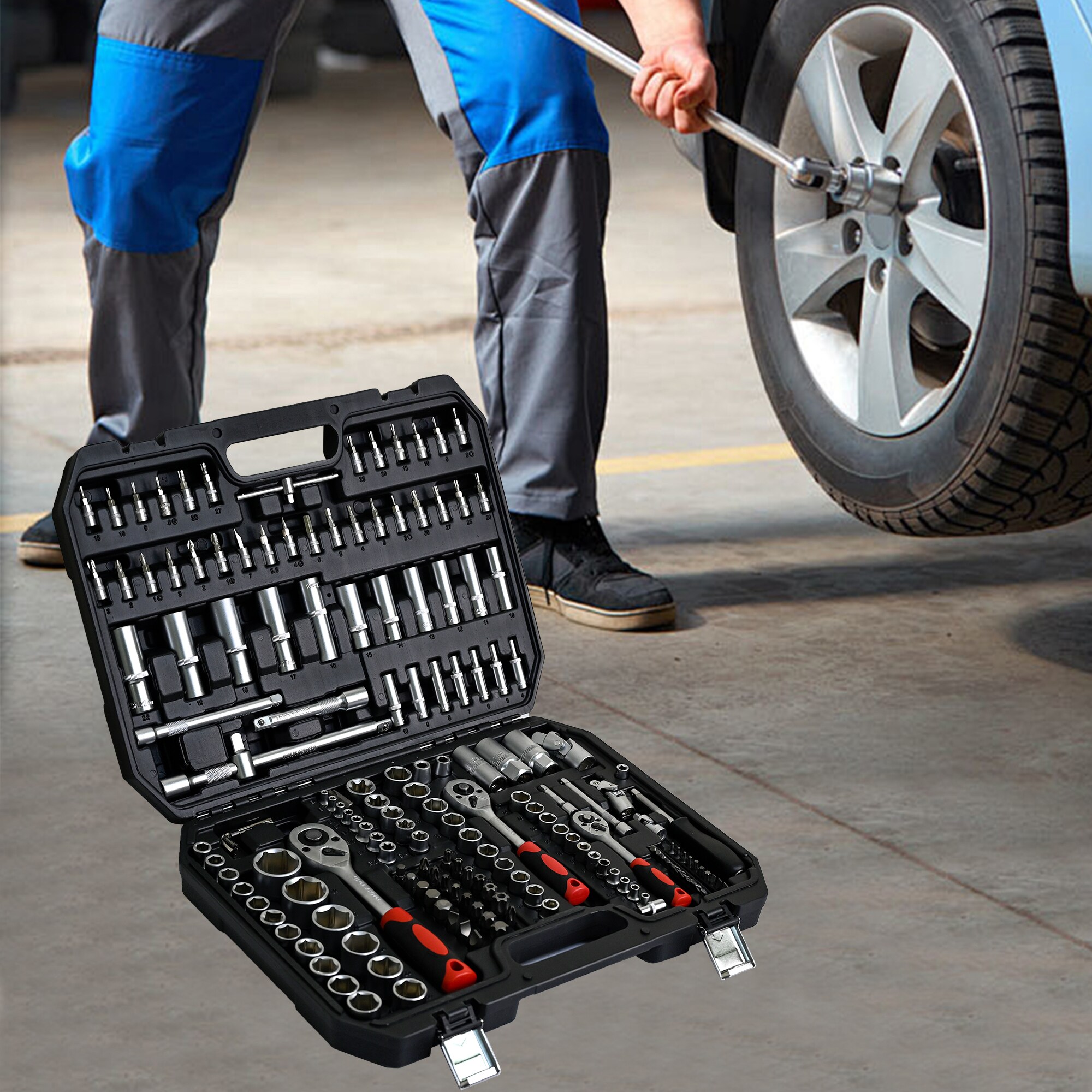 Set de herramientas mecánicas estándar (SAE) y métricas de cromo pulido de 171 piezas con estuche resistente