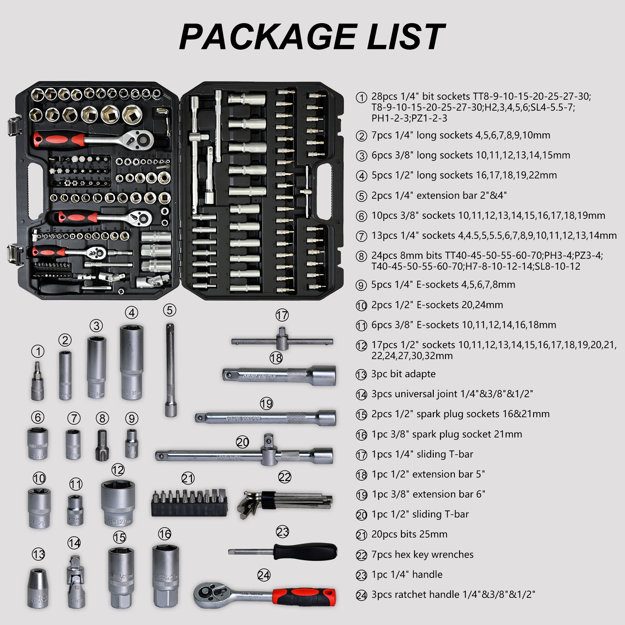 Set de herramientas mecánicas estándar (SAE) y métricas de cromo pulido de 171 piezas con estuche resistente
