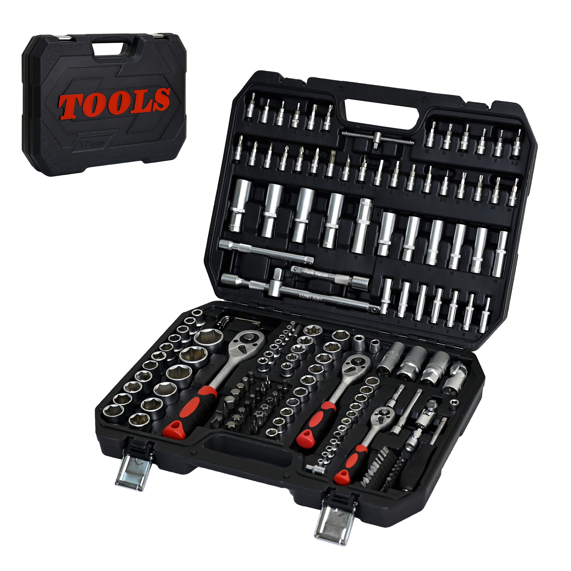 Set de herramientas mecánicas estándar (SAE) y métricas de cromo pulido de 171 piezas con estuche resistente
