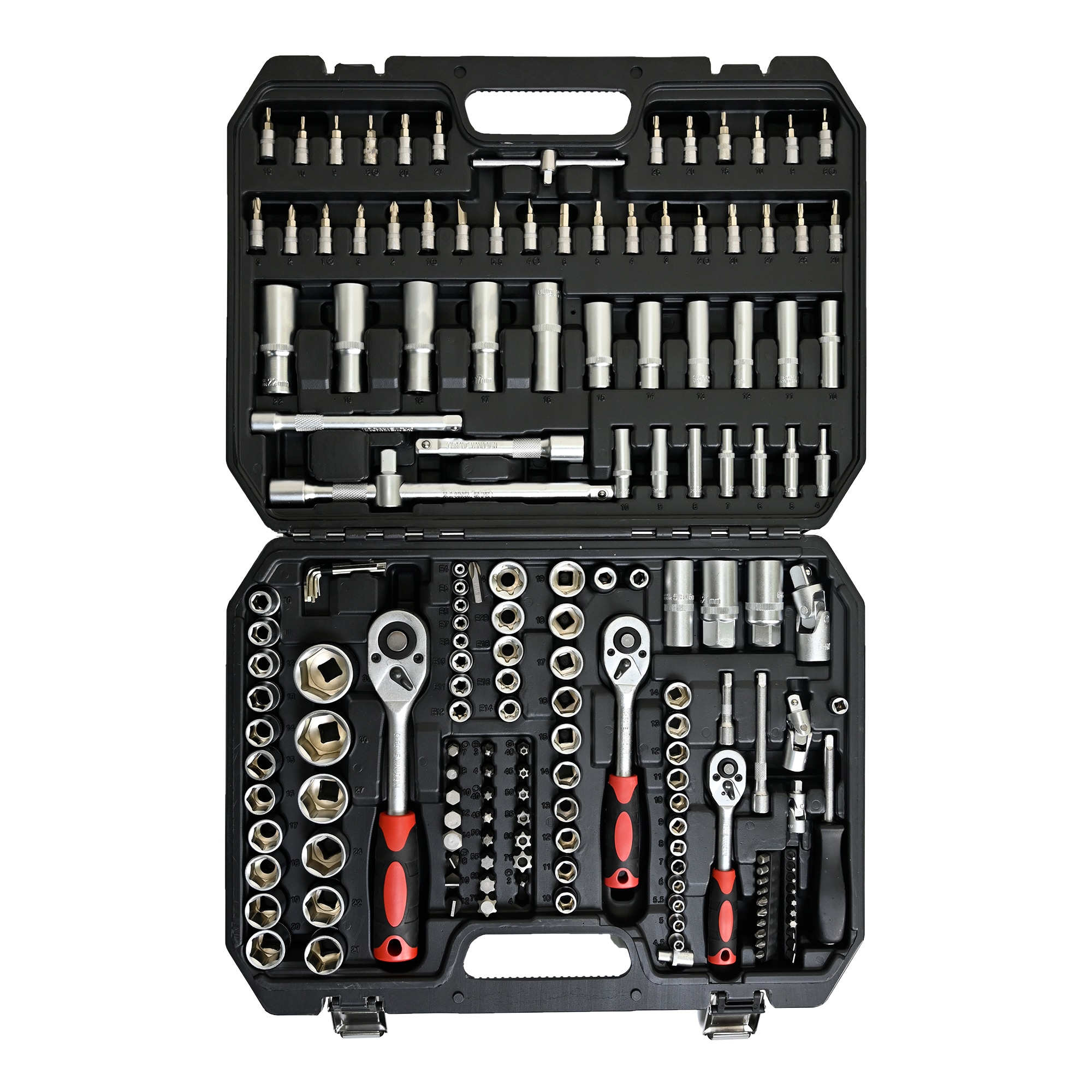 Set de herramientas mecánicas estándar (SAE) y métricas de cromo pulido de 171 piezas con estuche resistente