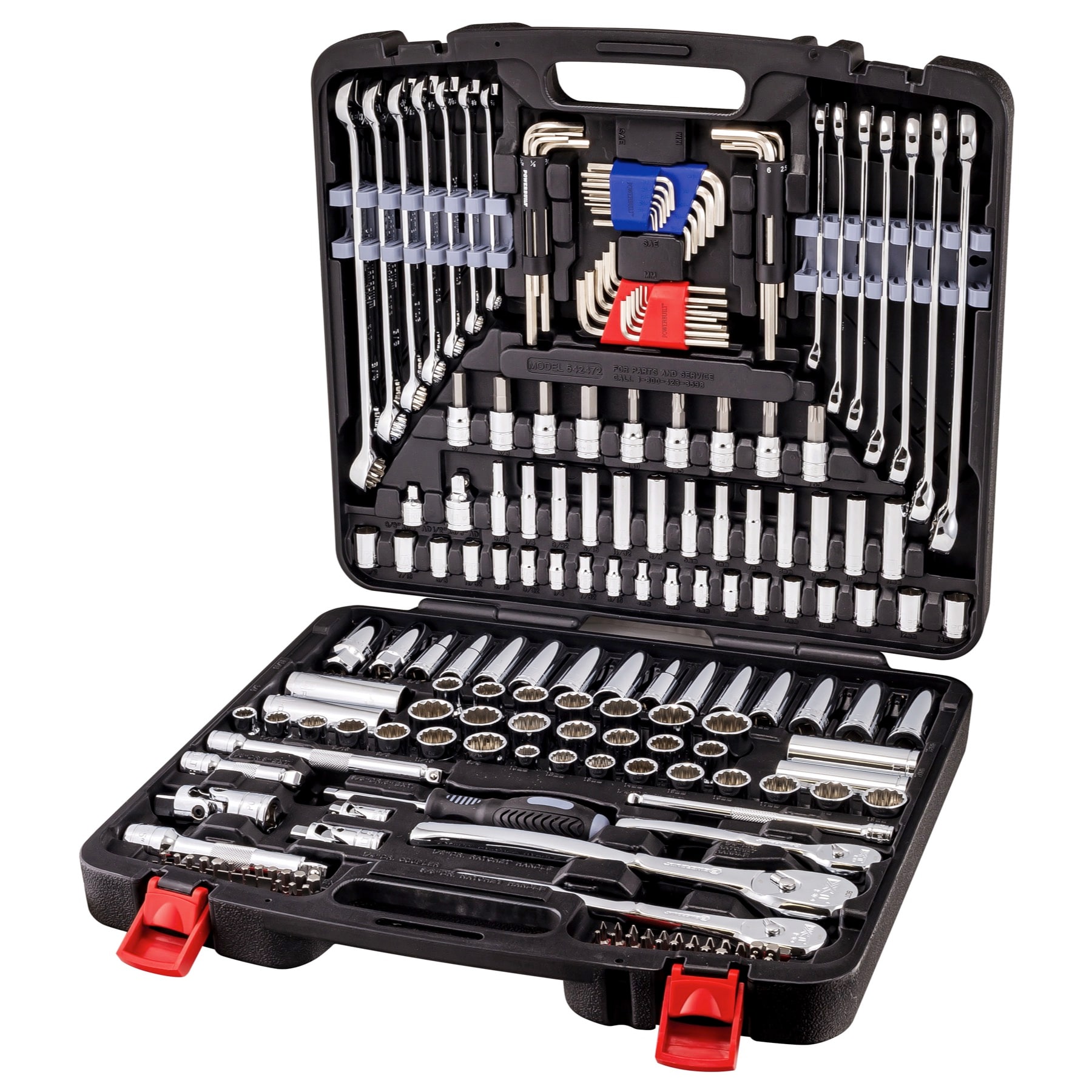 Juego de herramientas mecánicas Powerbuilt de 200 piezas estándar (SAE) y métricas en cromo pulido con estuche resistente 642472