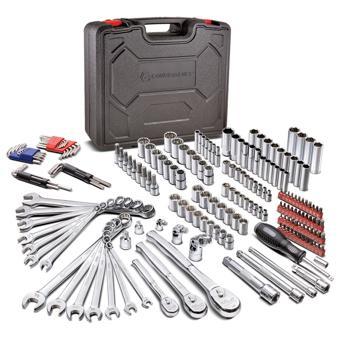 Juego de herramientas mecánicas Powerbuilt de 200 piezas estándar (SAE) y métricas en cromo pulido con estuche resistente 642472