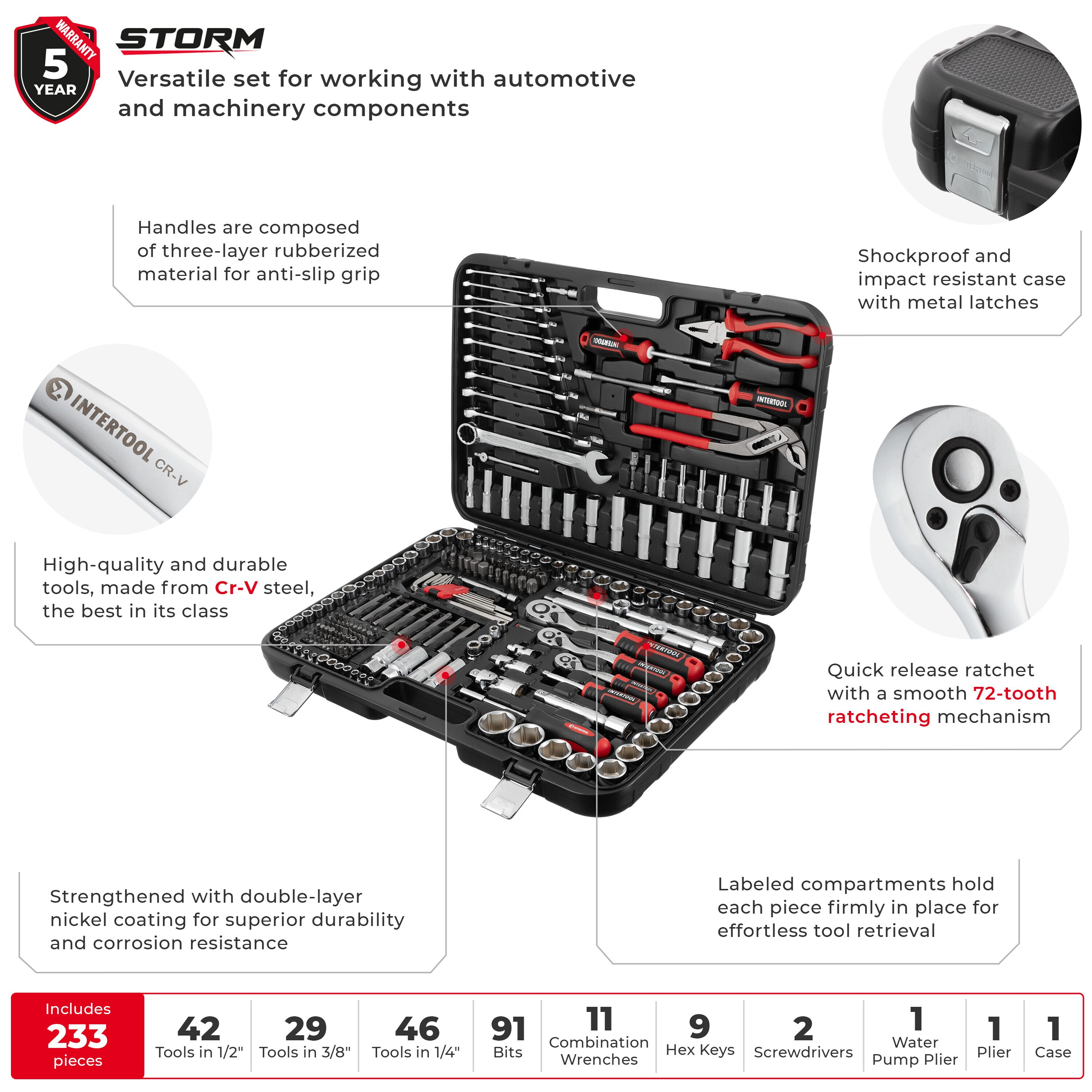 Set de herramientas mecánicas INTERTOOL de 233 piezas estándar (SAE) y métricas con estuche resistente cromado ET08-8233