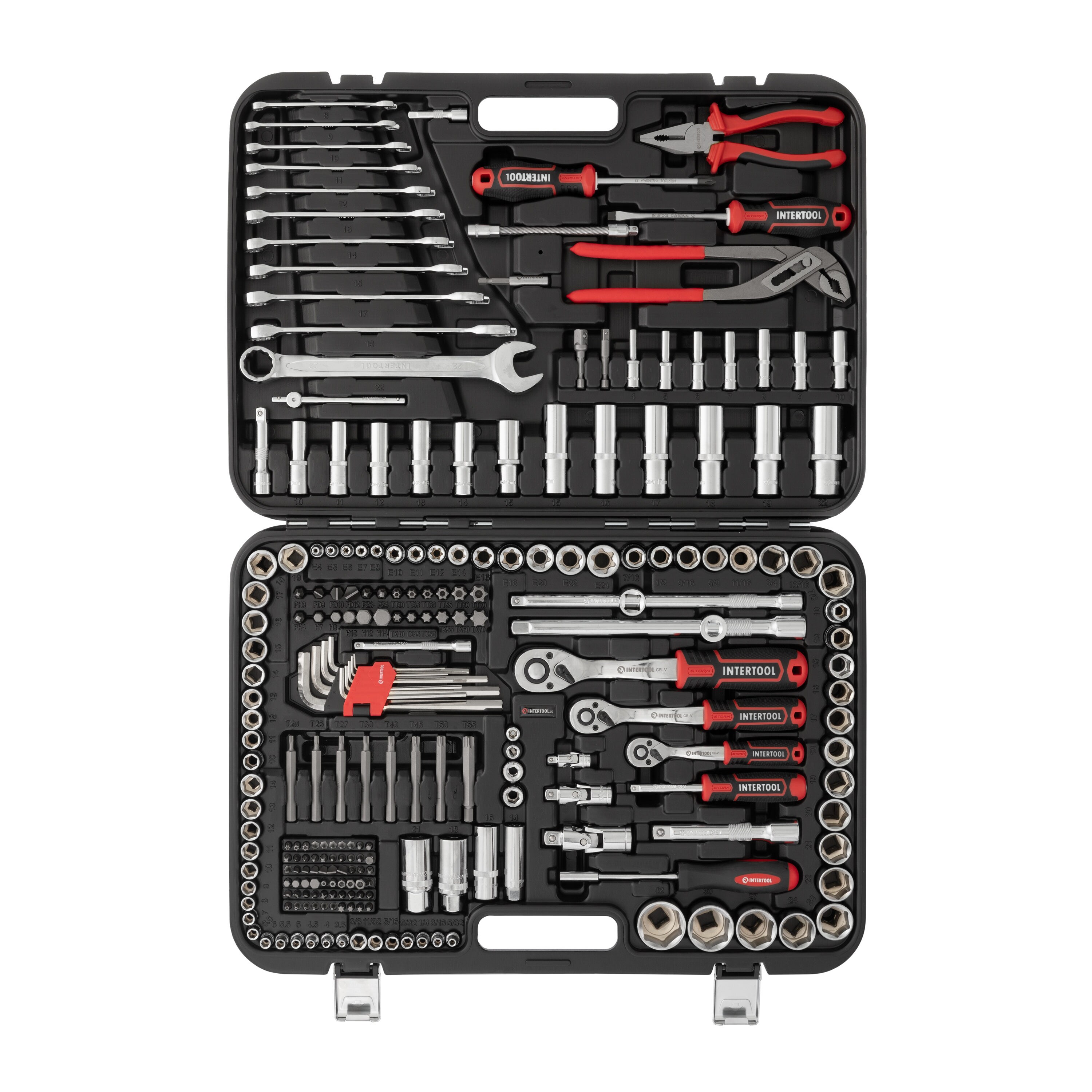 Set de herramientas mecánicas INTERTOOL de 233 piezas estándar (SAE) y métricas con estuche resistente cromado ET08-8233