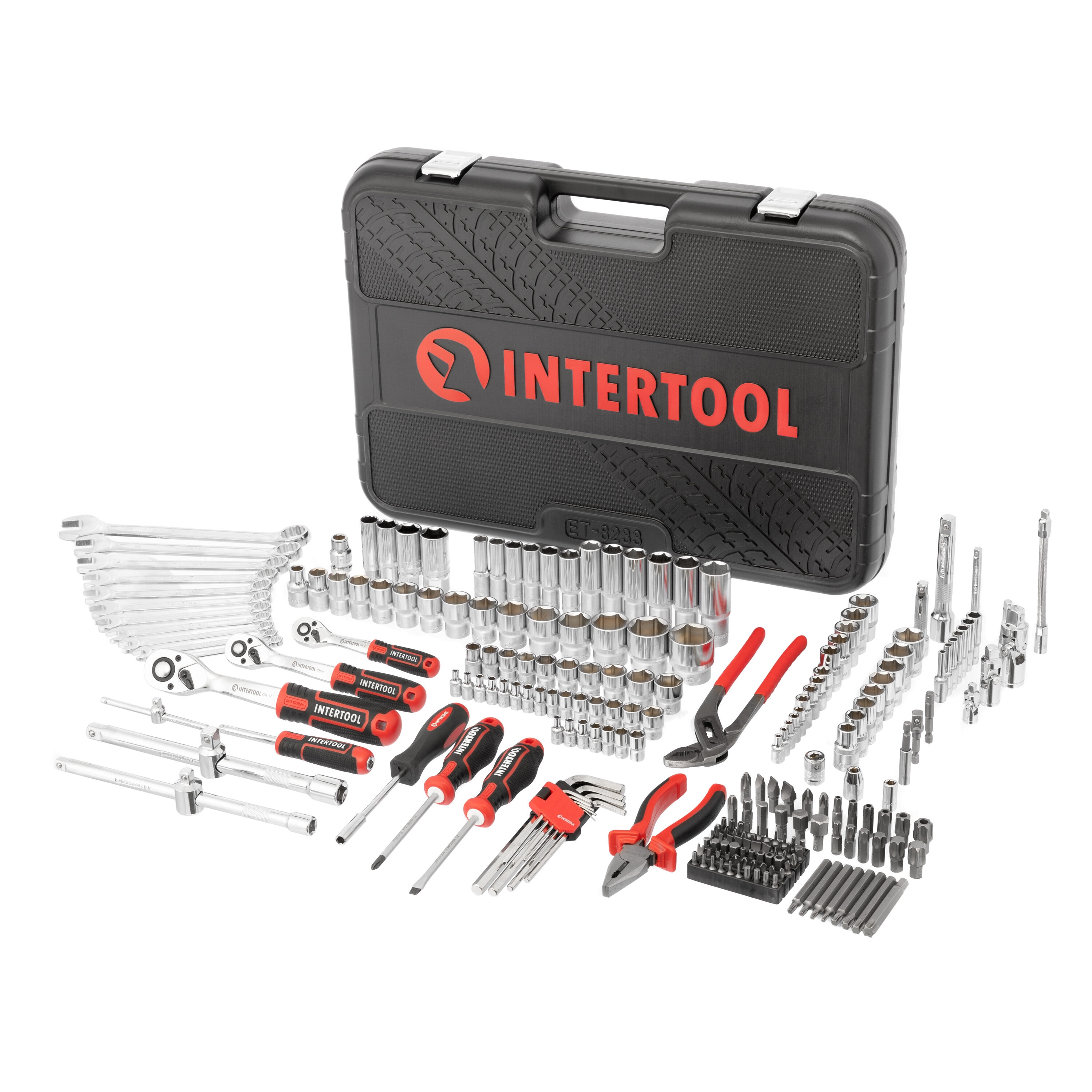Set de herramientas mecánicas INTERTOOL de 233 piezas estándar (SAE) y métricas con estuche resistente cromado ET08-8233