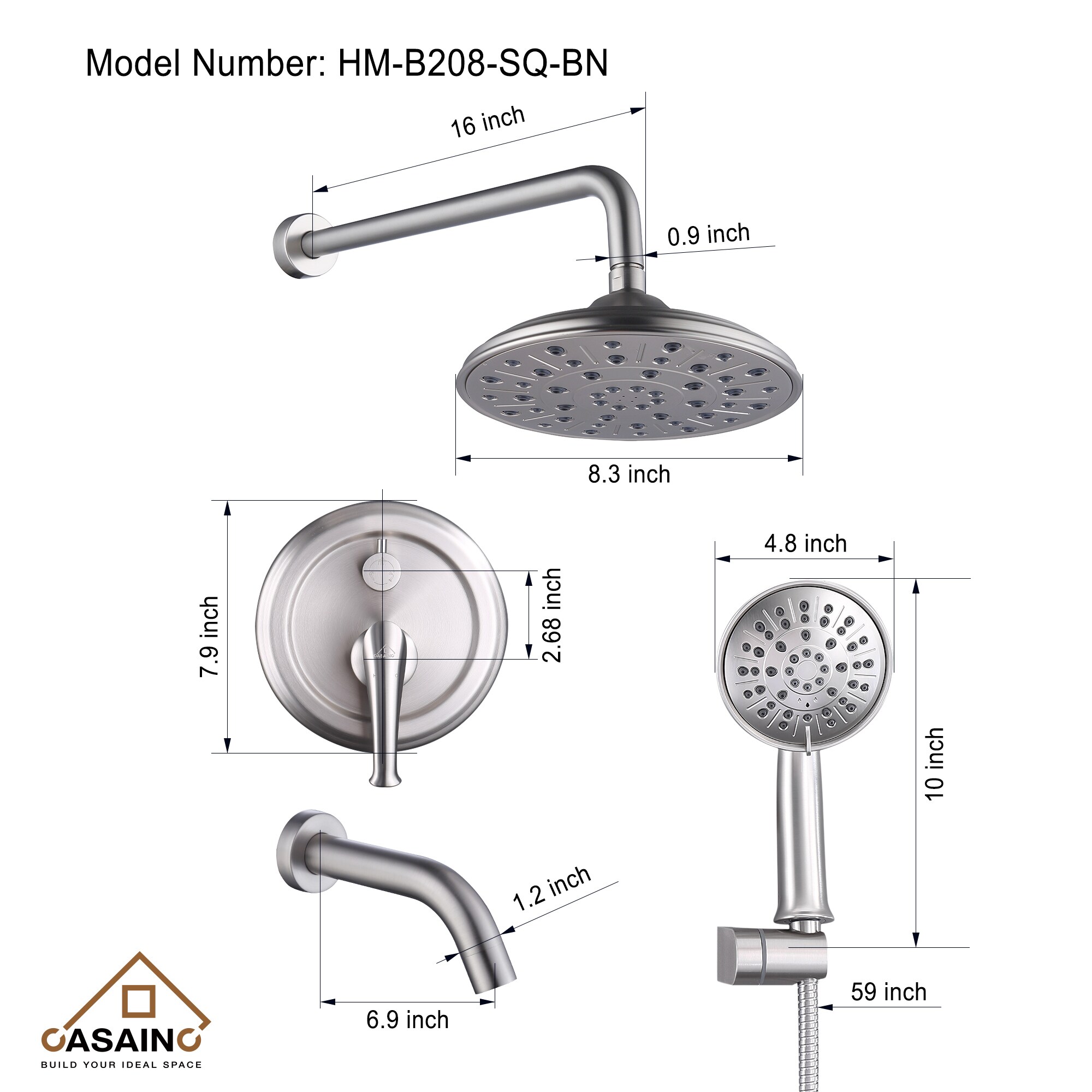 Sistema de regaderas CASAINC en níquel cepillado con manija única, función única de 8.3 pulgadas, grifo redondo para regadera con válvula HM-B208-SQ-BN