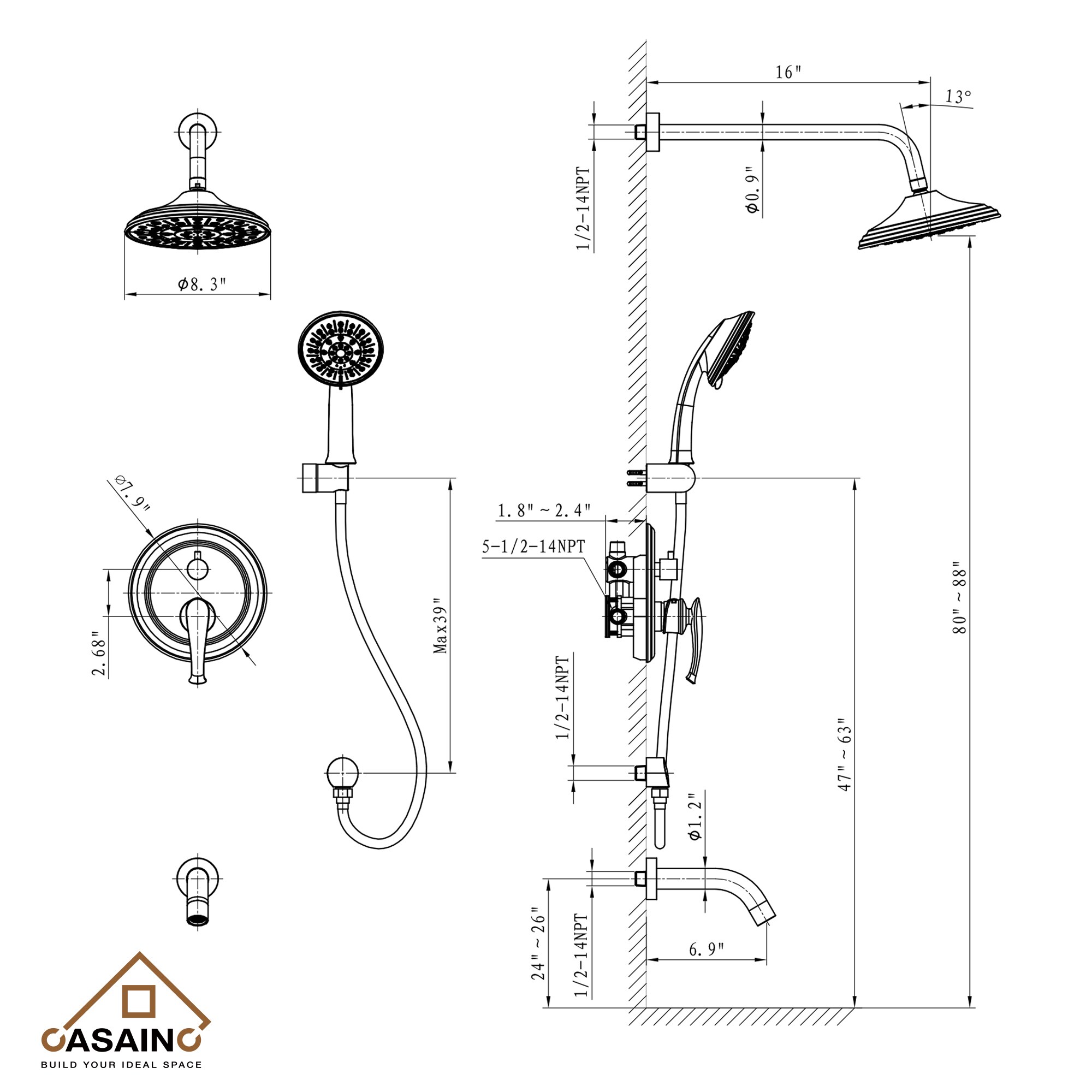 Sistema de regaderas CASAINC en níquel cepillado con manija única, función única de 8.3 pulgadas, grifo redondo para regadera con válvula HM-B208-SQ-BN