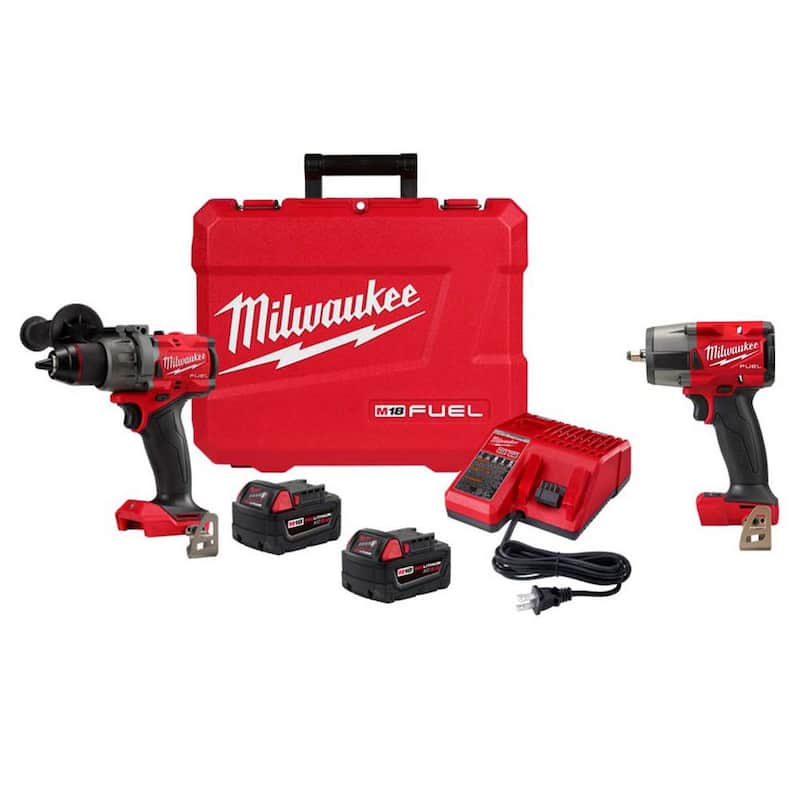 Milwaukee M18 FUEL 18V Taladro de Martillo sin Escobillas Inalámbrico de Iones de Litio de 1/2 pulgadas con Kit de Controlador + Llave de Impacto de 3/8 pulgadas de Torque Medio - 2904-22-2960-20.