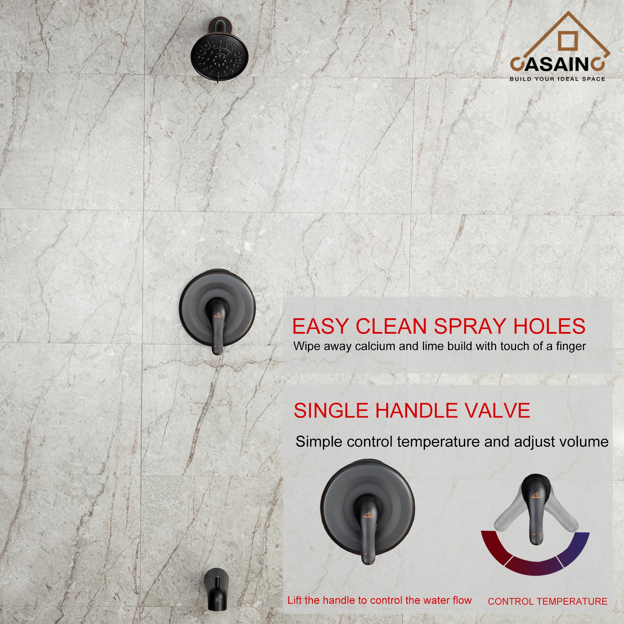 Sistema de regadera CASAINC en bronce frotado con aceite, de 1 mango y función única, 4.84 pulgadas, con grifo redondo y válvula HM-B202-SQ-ORB.