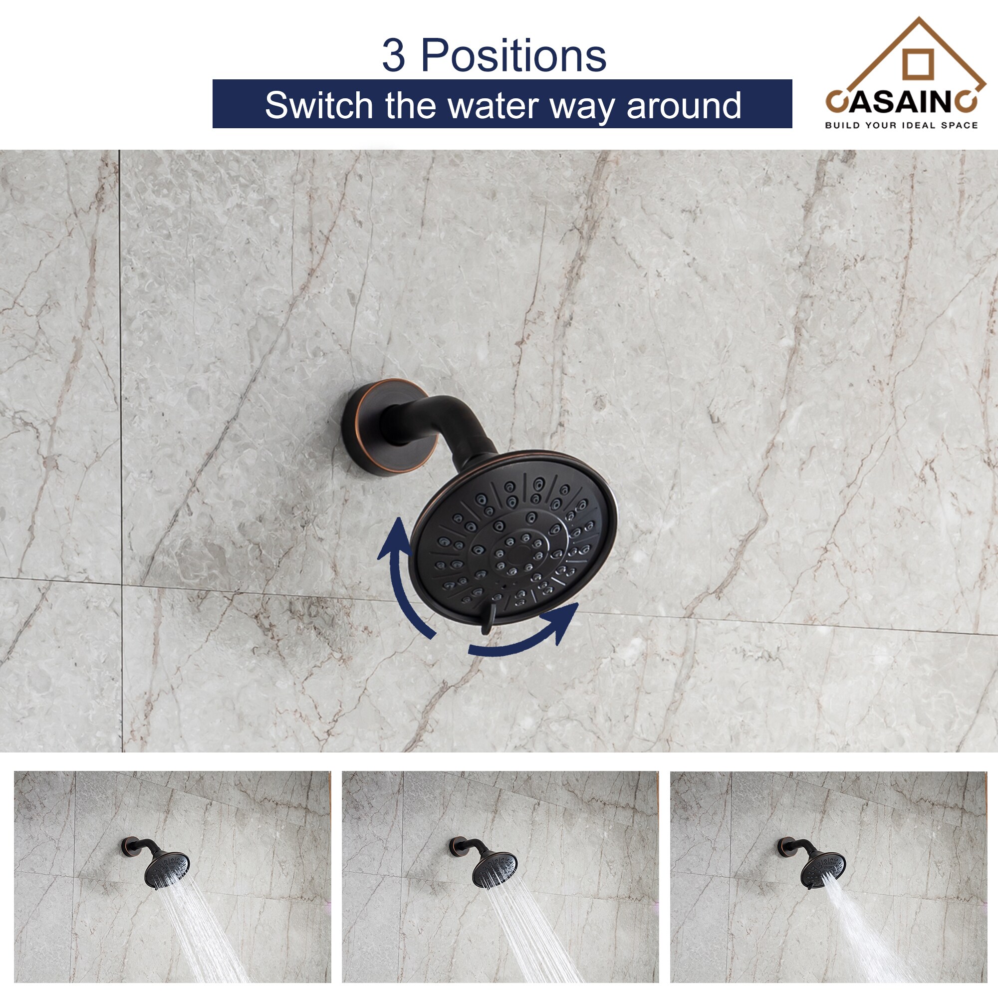Sistema de regadera CASAINC en bronce frotado con aceite, de 1 mango y función única, 4.84 pulgadas, con grifo redondo y válvula HM-B202-SQ-ORB.