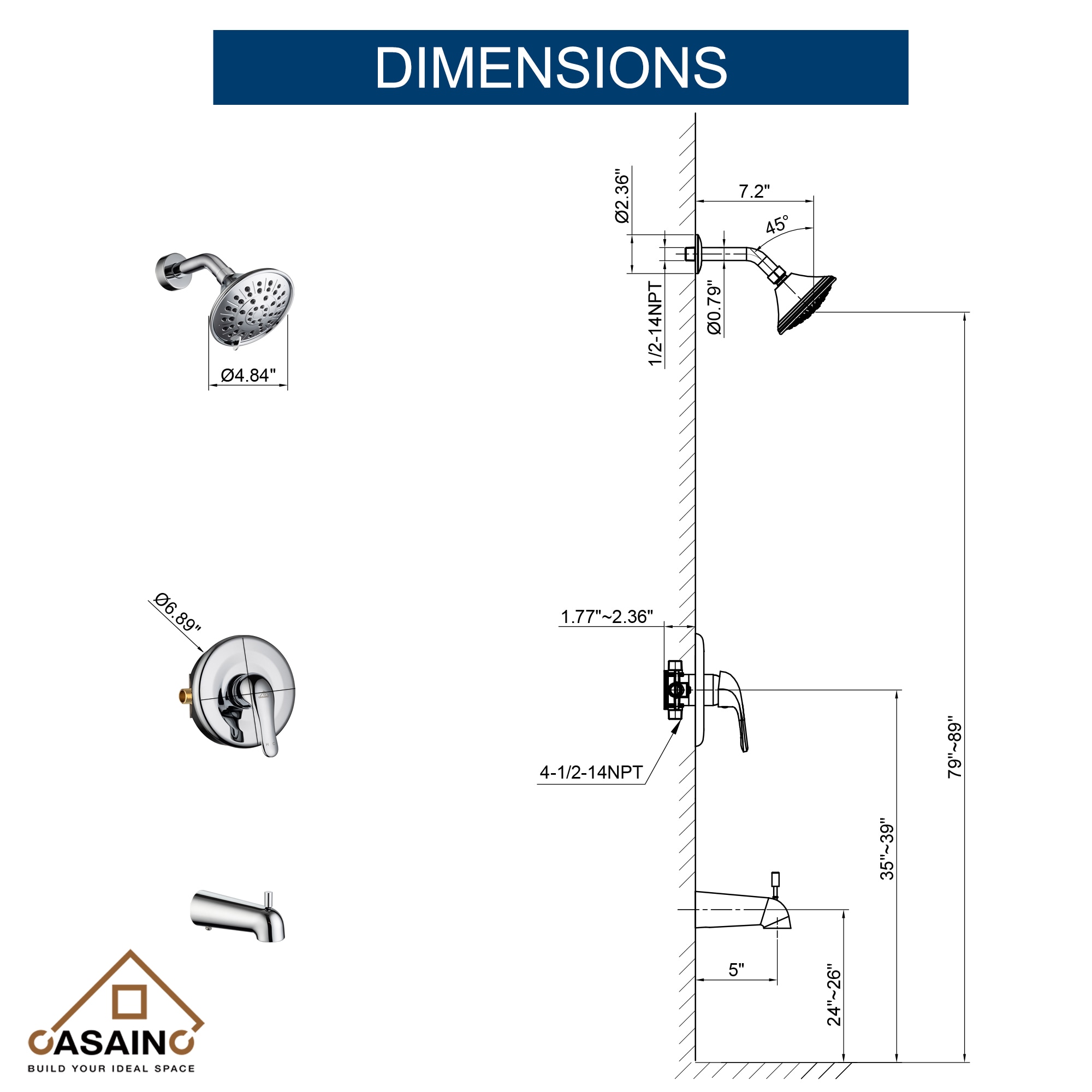 Sistema de regadera CASAINC cromado con 1 manija, función individual, regadera redonda de 4.84 pulgadas con válvula HM-B202-SQ-CP