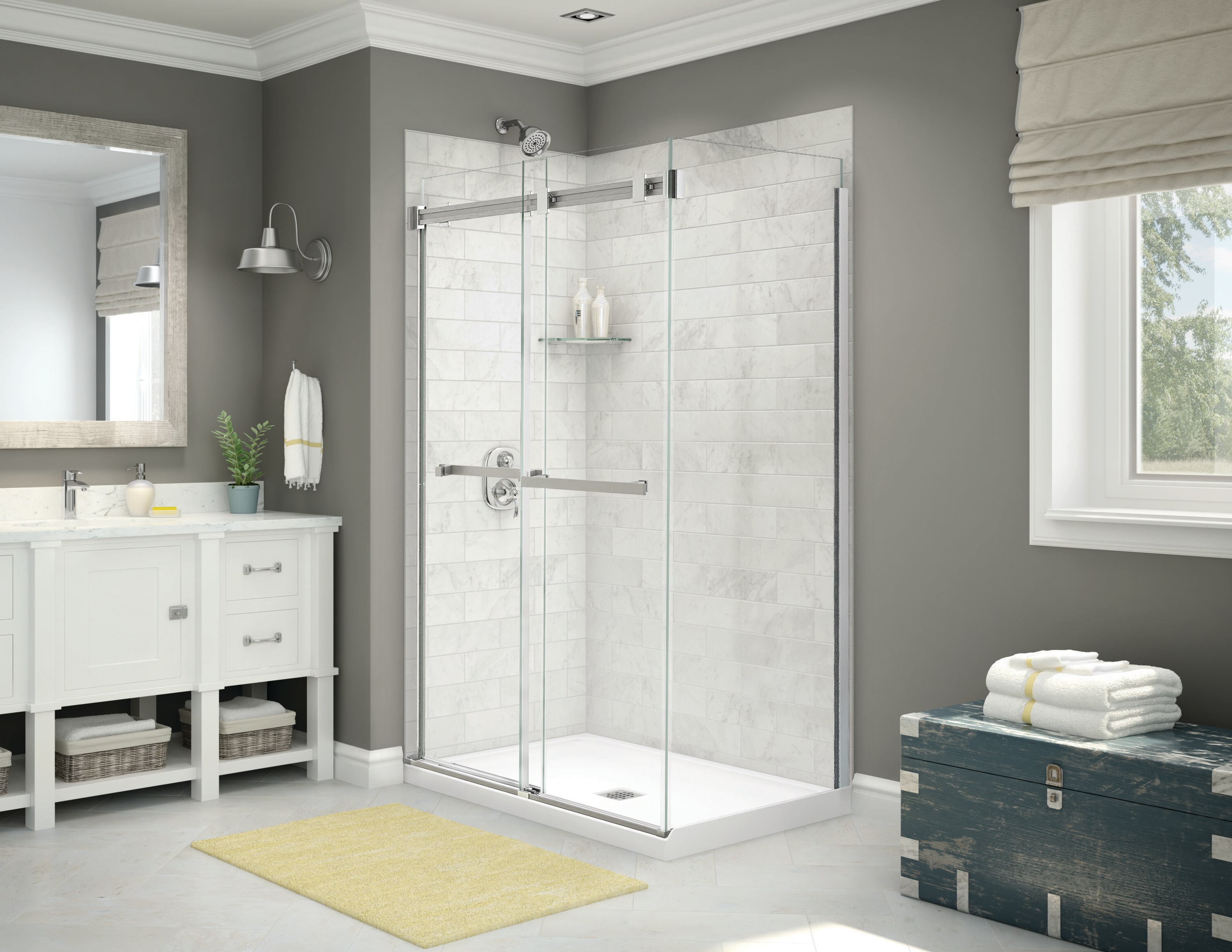 Panel de pared trasera para ducha encajada de una pieza directo al muro MAAX Utile de Mármol Carrara, medidas 48 pulgadas de ancho x 1.13 pulgadas de profundidad x 82.63 pulgadas de altura.