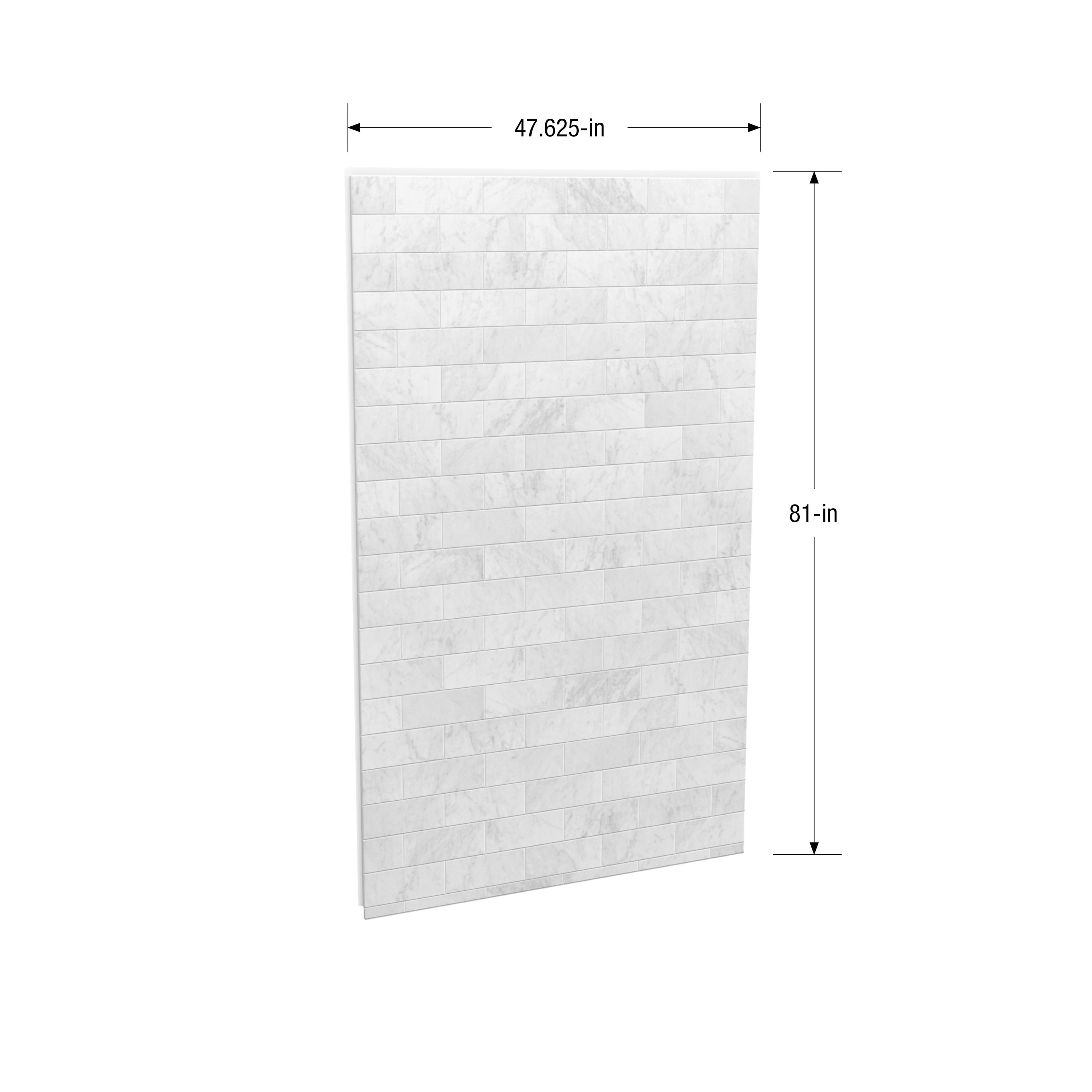 Panel de pared trasera para ducha encajada de una pieza directo al muro MAAX Utile de Mármol Carrara, medidas 48 pulgadas de ancho x 1.13 pulgadas de profundidad x 82.63 pulgadas de altura.