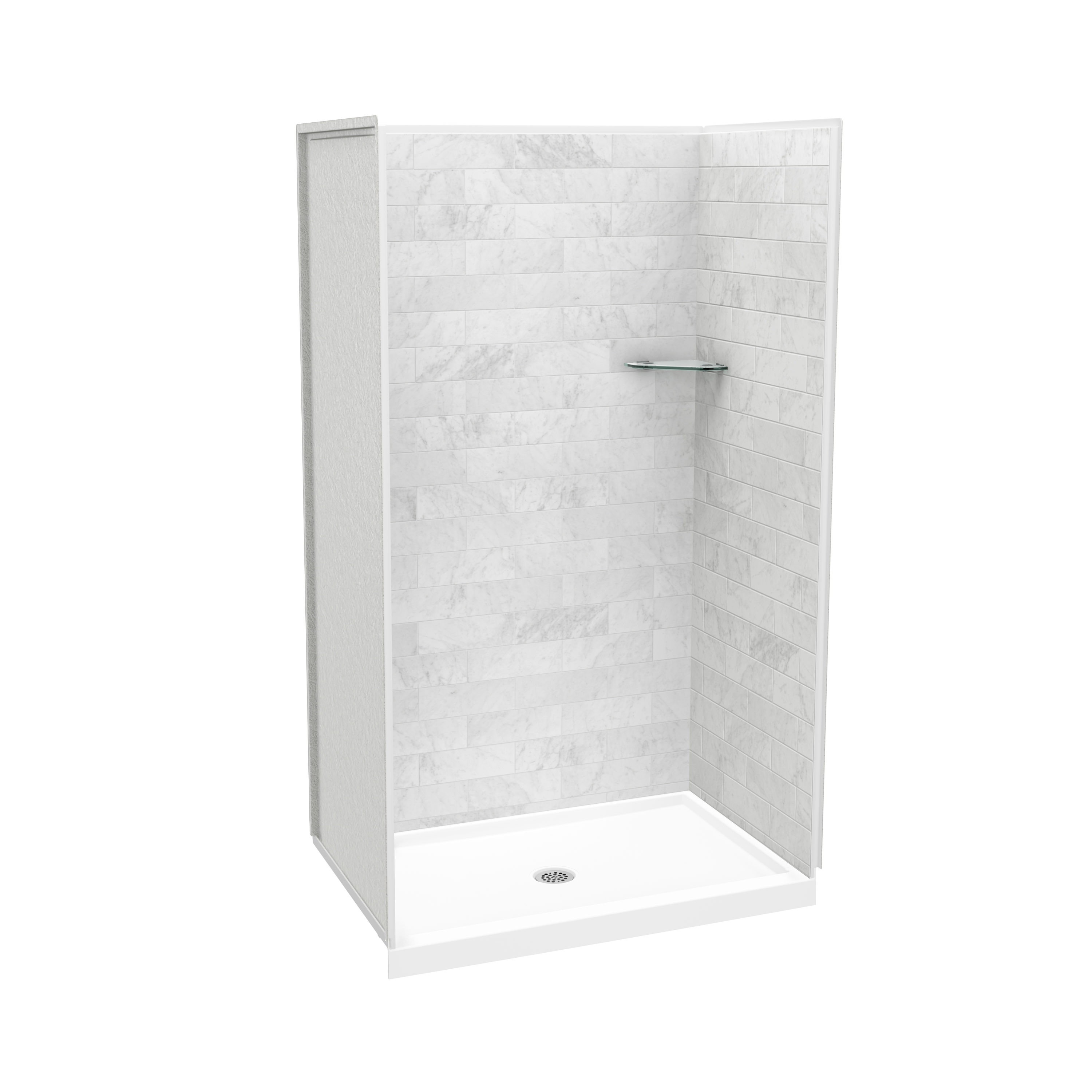 Panel de pared trasera para ducha encajada de una pieza directo al muro MAAX Utile de Mármol Carrara, medidas 48 pulgadas de ancho x 1.13 pulgadas de profundidad x 82.63 pulgadas de altura.